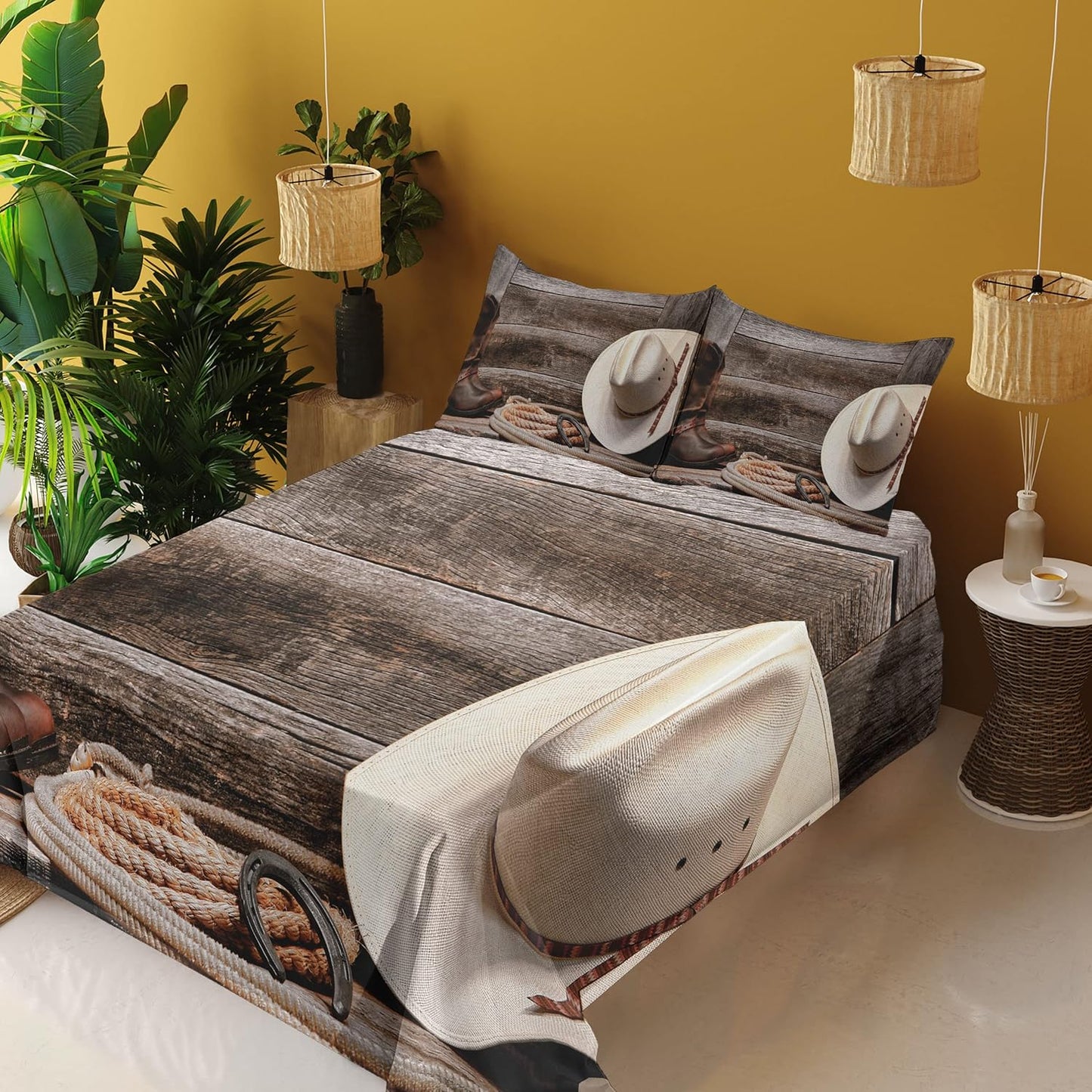 Western Sheet Set, American West Rodeo Traditional Straw Cowboy Hat Leather Boots Print, Fitted and Flat Sheet with Pillowcases Bedding Accent 4 Piece Set, Queen, Tan and Brown