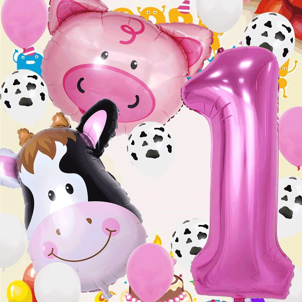18Pcs Farm Animal Balloons for 1St Birthday Party Decorations Pig Cow Head First Farm Animal Theme Balloon Garland Arch 40" Number 1 Foil Balloon 12" Latex Balloon Baby Girl Shower Party Supplies
