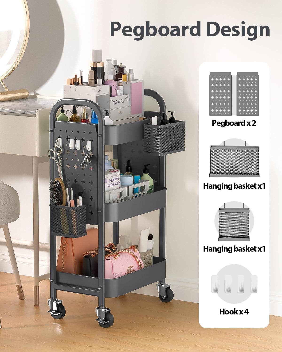 3 Tier Rolling Cart with DIY Pegboards Metal Utility Cart with Wheels Handles Baskets Hooks, Storage Cart for Office Kitchen Bathroom(Gray)