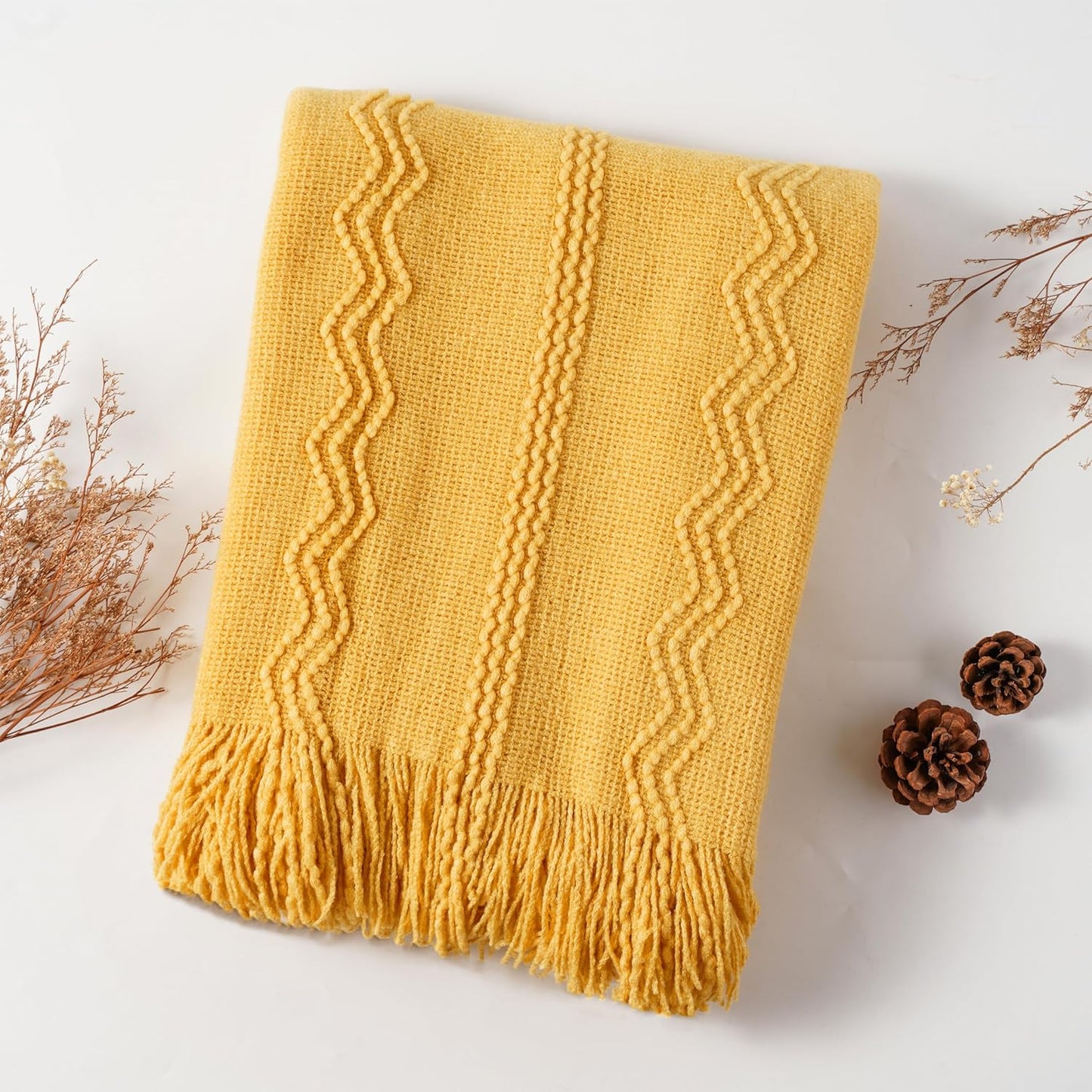 Mustard Throw Blanket with Fringe Geometric Bed Yellow Throws Summer Breathable Decorative Large Throw for Couch Sofa Indoor Outdoor (Yellow, 50"X60")