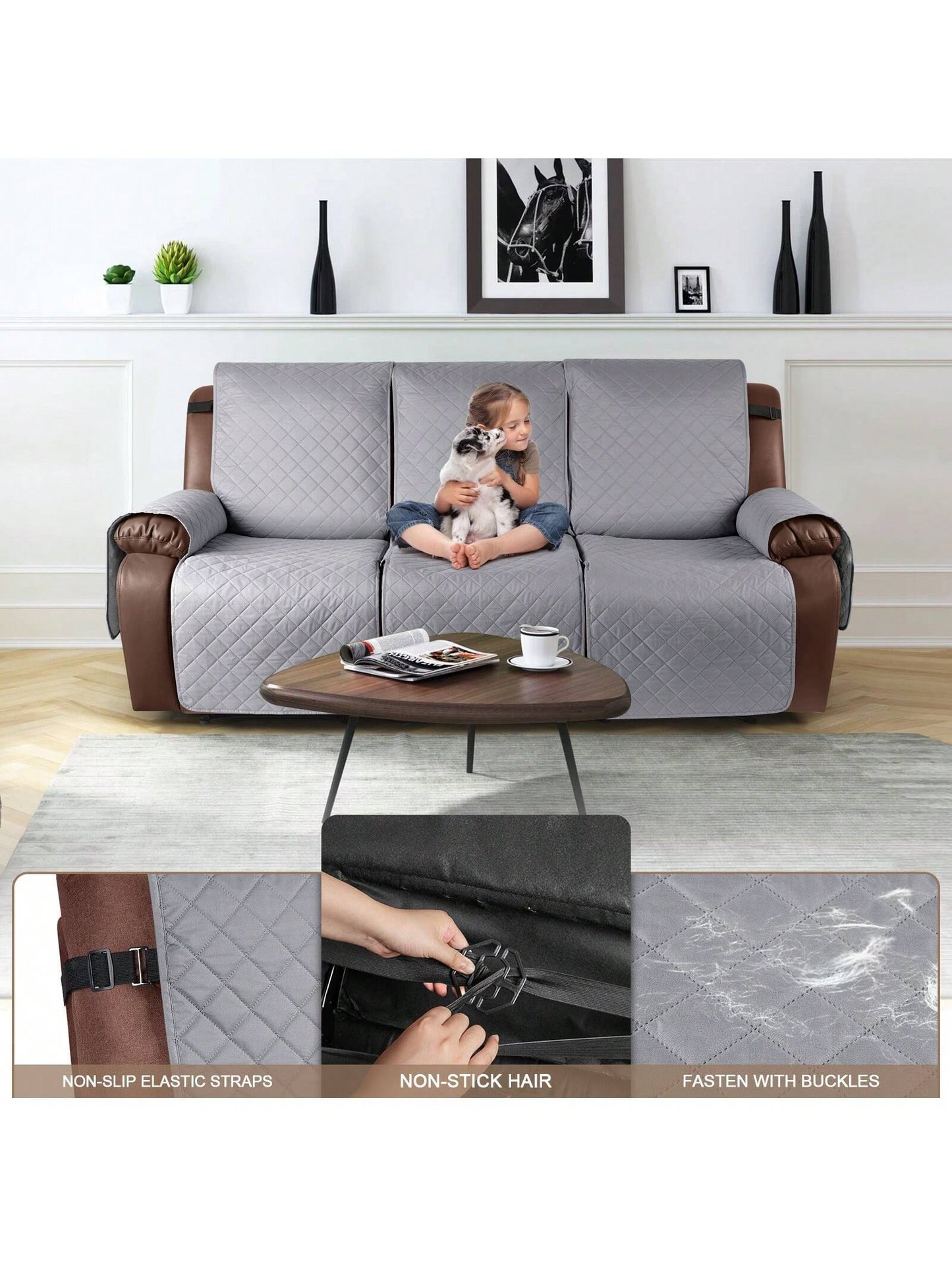 Waterproof Recliner Sofa Cover, Non-Slip Reclining Couch Covers for 1, 2 & 3 Seater, Recliner Couch Cover Furniture Protector with Elastic Straps for Pets, Kids