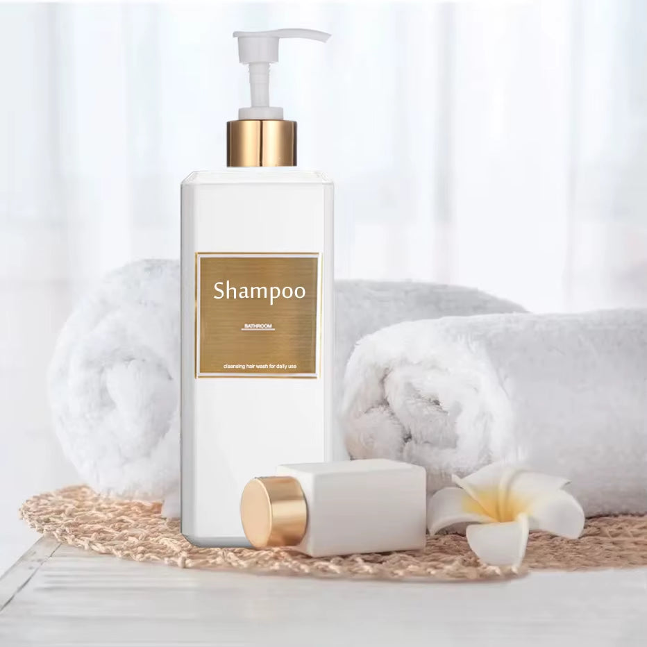 500Ml/16.9Oz Shampoo Dispenser Press Pump Bottle with Gold Waterproof Labels Bathroom Shampoo Conditioner Body Wash Bottles