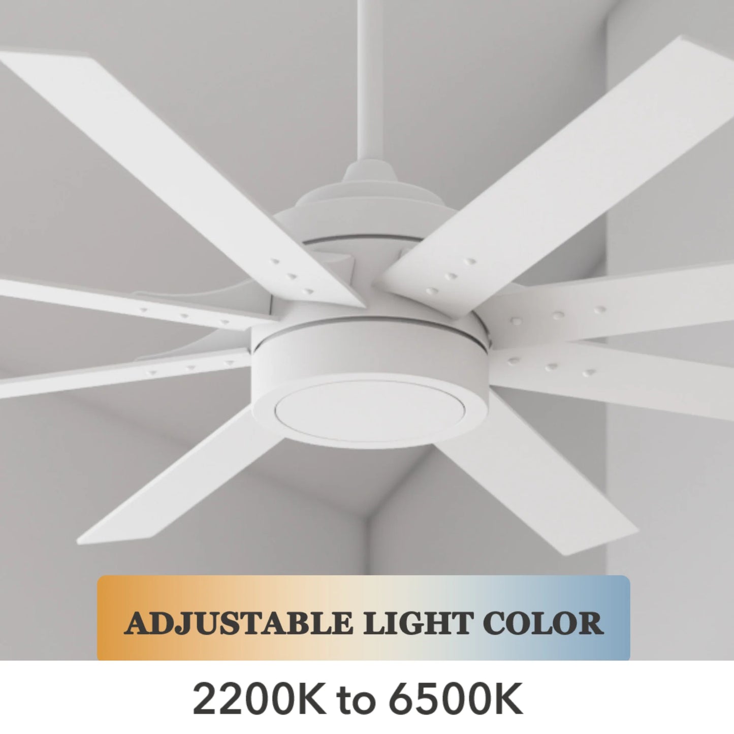 62" White Large Room Indoor Ceiling Fan with Light, 8 Blades, Remote & Reverse Airflow