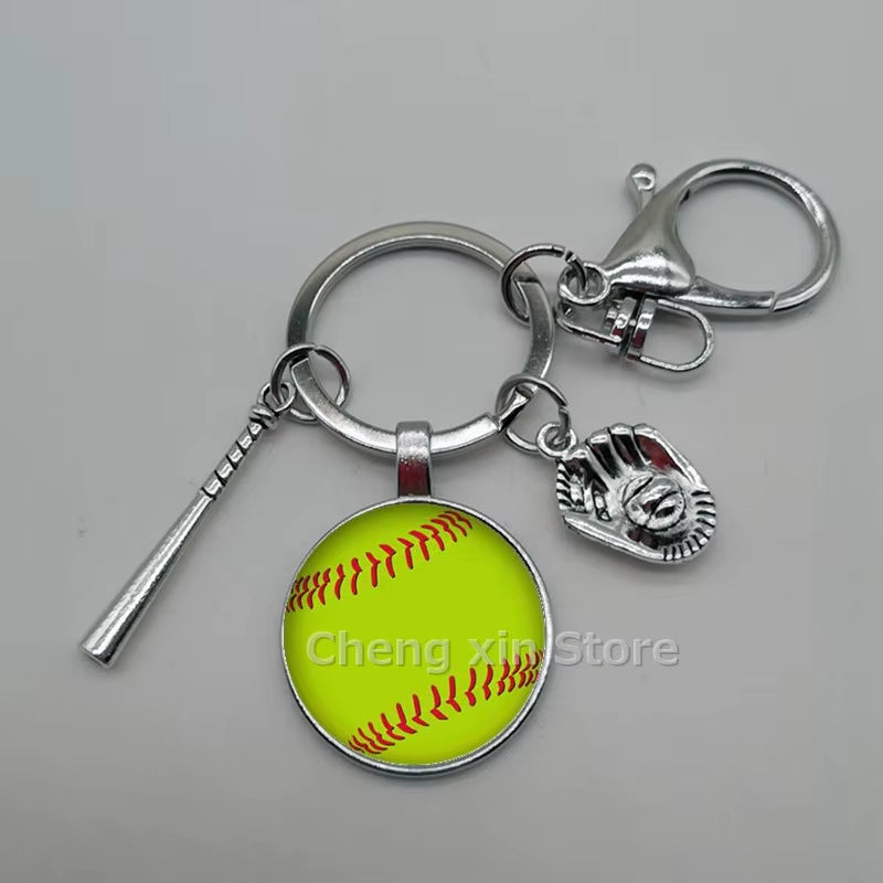 Baseball Softball Convex Photo Glass round Dome Keychain Jewelry, DIY Keychain