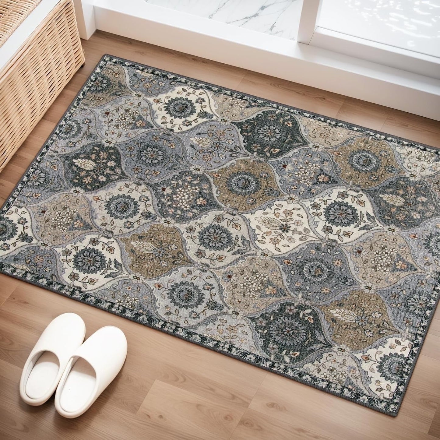 5'X7' Area Rug for Living Room Non-Slip Moroccan Indoor Washable Rug Ultra-Thin Foldable Soft Carpet Floral Accent Throw Rug for Kitchen Entryway Bathroom Bedroom Office Carpet,Grey