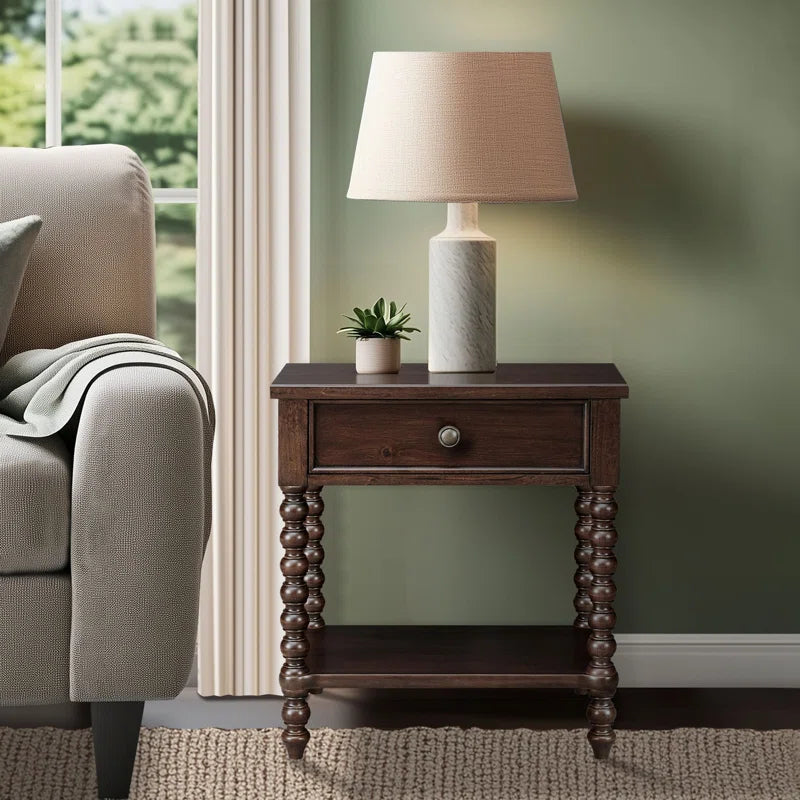 Beckett Turned Wood Spindle Nightstand with Drawer & Shelf