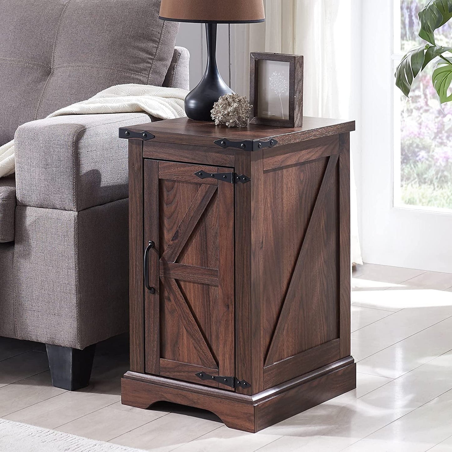 Farmhouse Nightstand with Charging Station, Wood End Table Side Table, Black