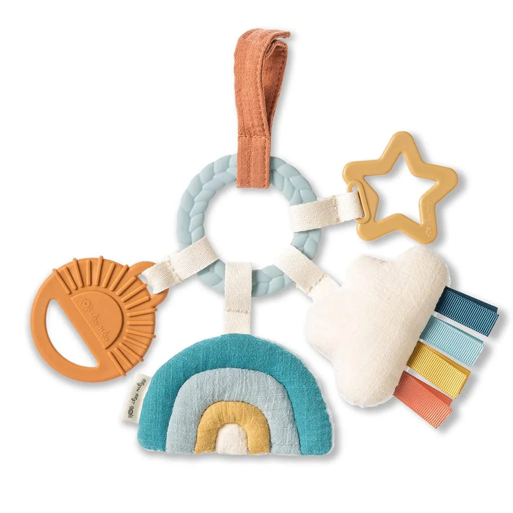 Teething Activity Toy - Bitzy Busy Ring Features Braided Teething Ring and Dangling Toys; Includes Teether, Textured Ribbons, Crinkle Sound & Jingle Bell, Rainbow