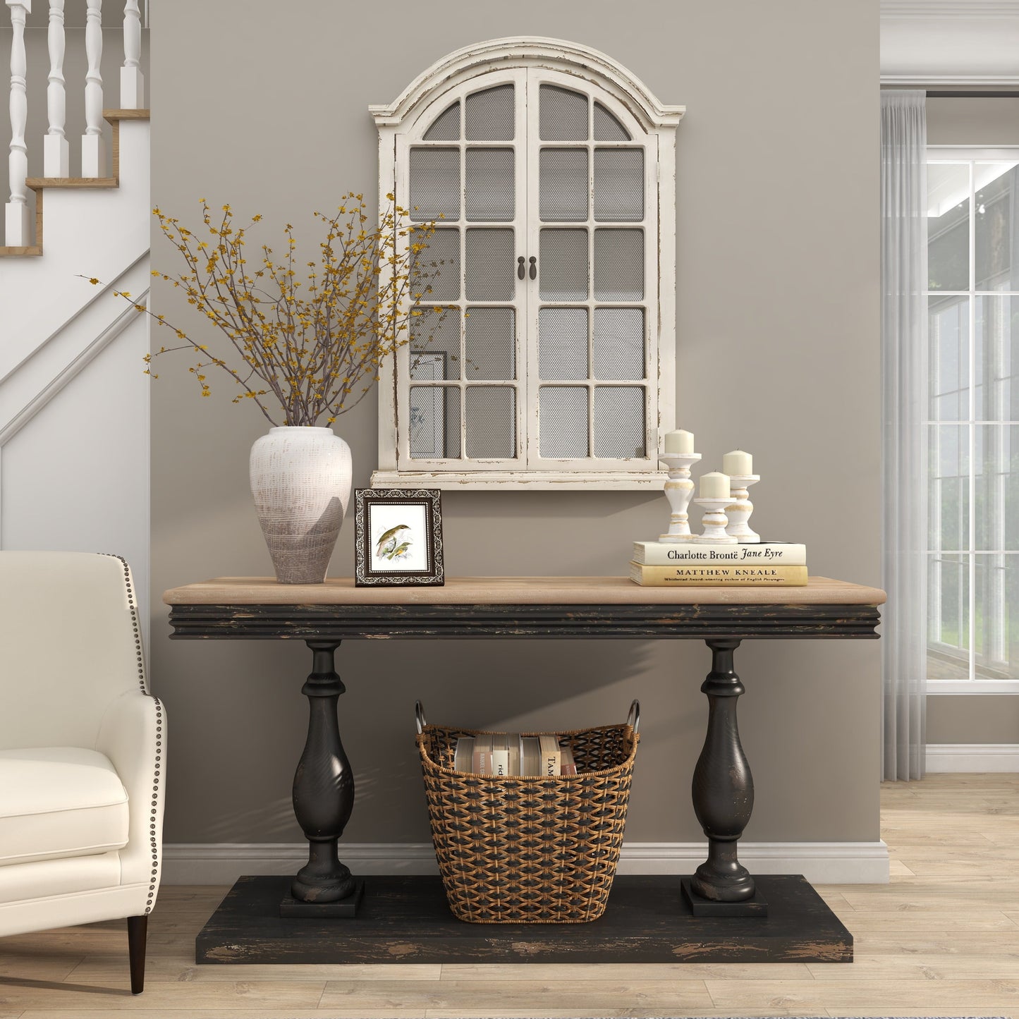 Farmhouse White Washed Wooden Curved Pillar Candle Holders Set of 3, 8", 6", 4"H Natural Distressed Finish