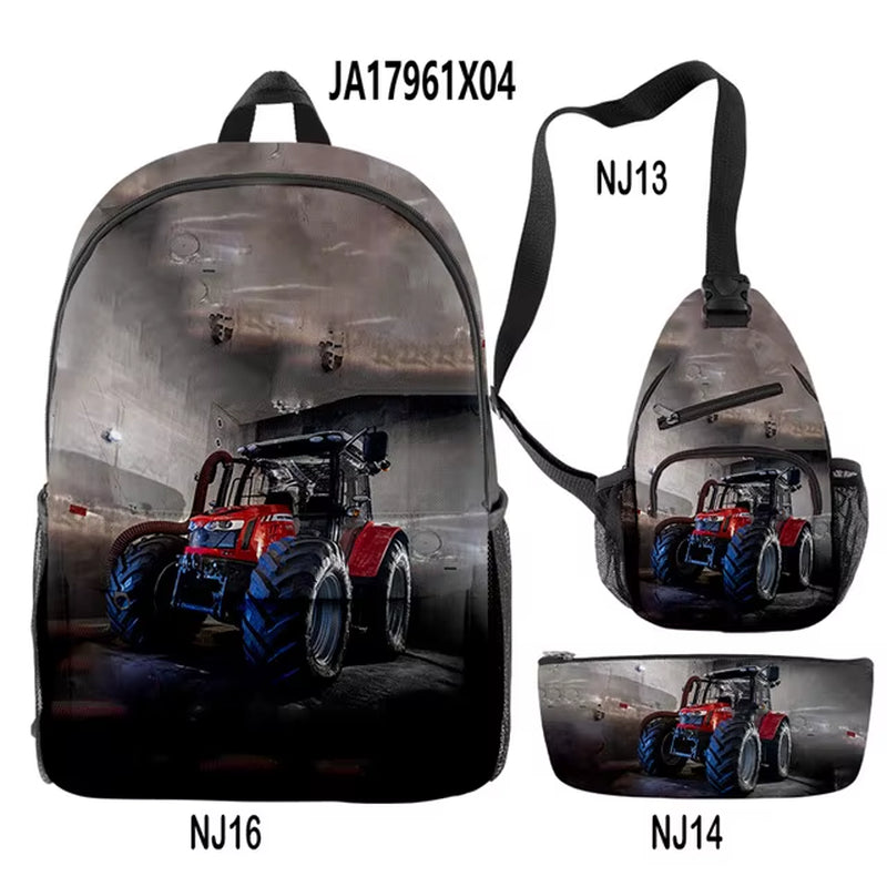 3Pcs/Set Tractor Pattern Backpack 3D Print School Bag Sets for Teenager Boys Girls Cartoon Kids Schoolbag Children Mochilas