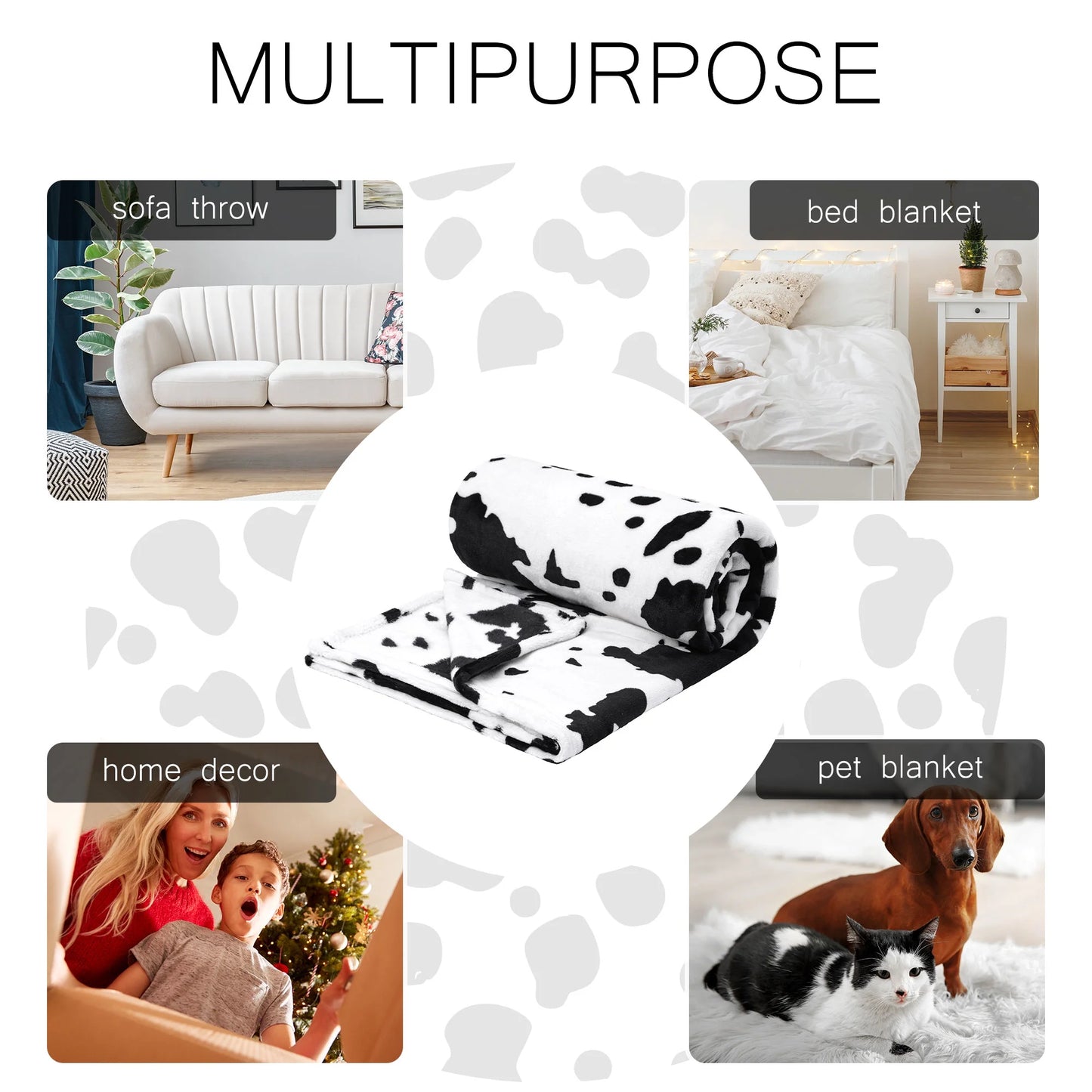 Cow Printed Soft 300GSM Flannel Throw Blanket Sofa Bed Black 39" X 51"