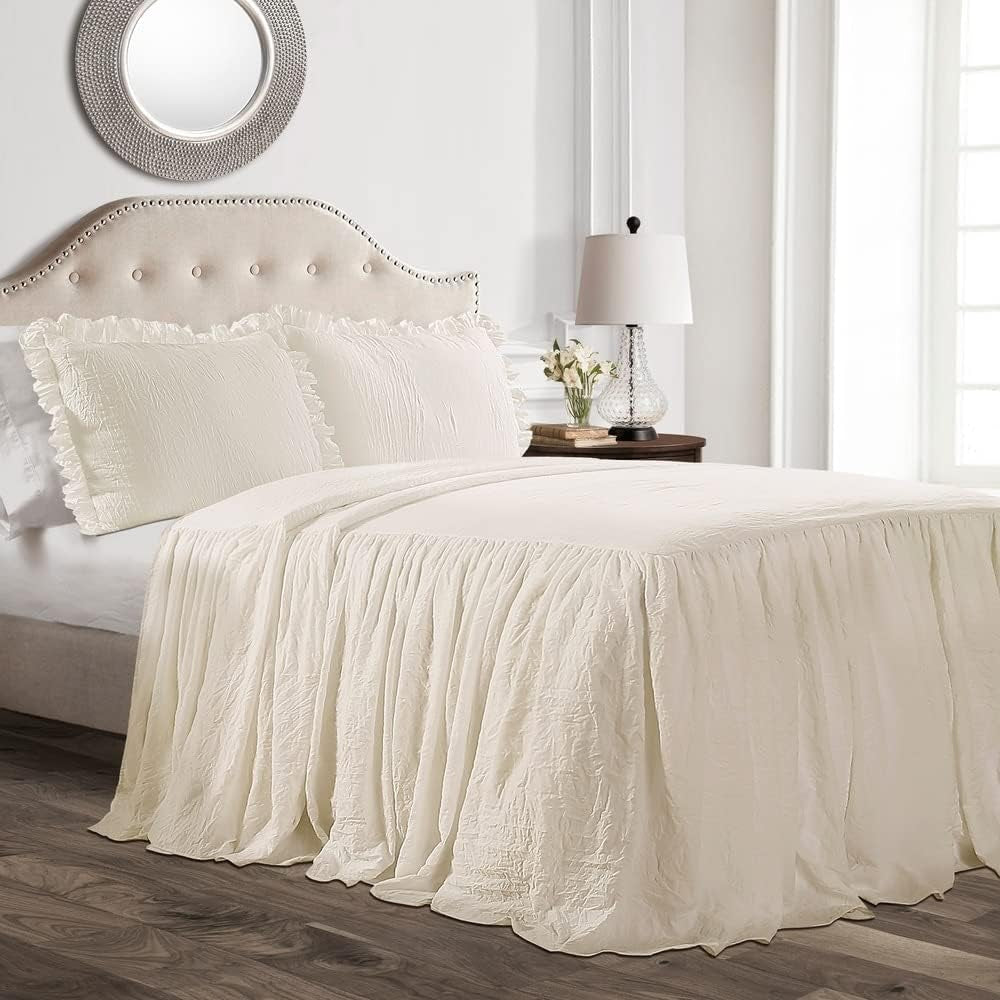 Ruffle Skirt Bedspread Set - 3 Piece Luxurious Farmhouse Bedding Set - Elegant, Charming Ruffle Detail - Timeless Style & Classic Design - Soft and Lightweight - King, White