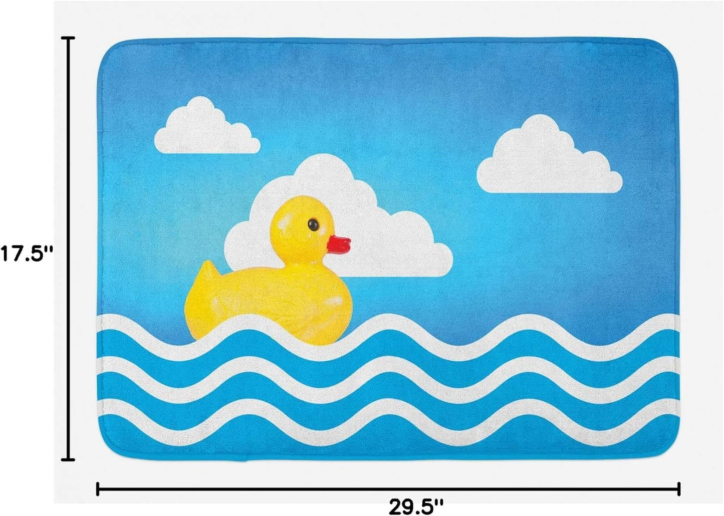 Rubber Duck Bath Mat, Yellow Childrens Toy on Wavy Water Inspired Stripes Clouds, Plush Bathroom Decor Mat with Non Slip Backing, 30.2" X 20", White Yellow