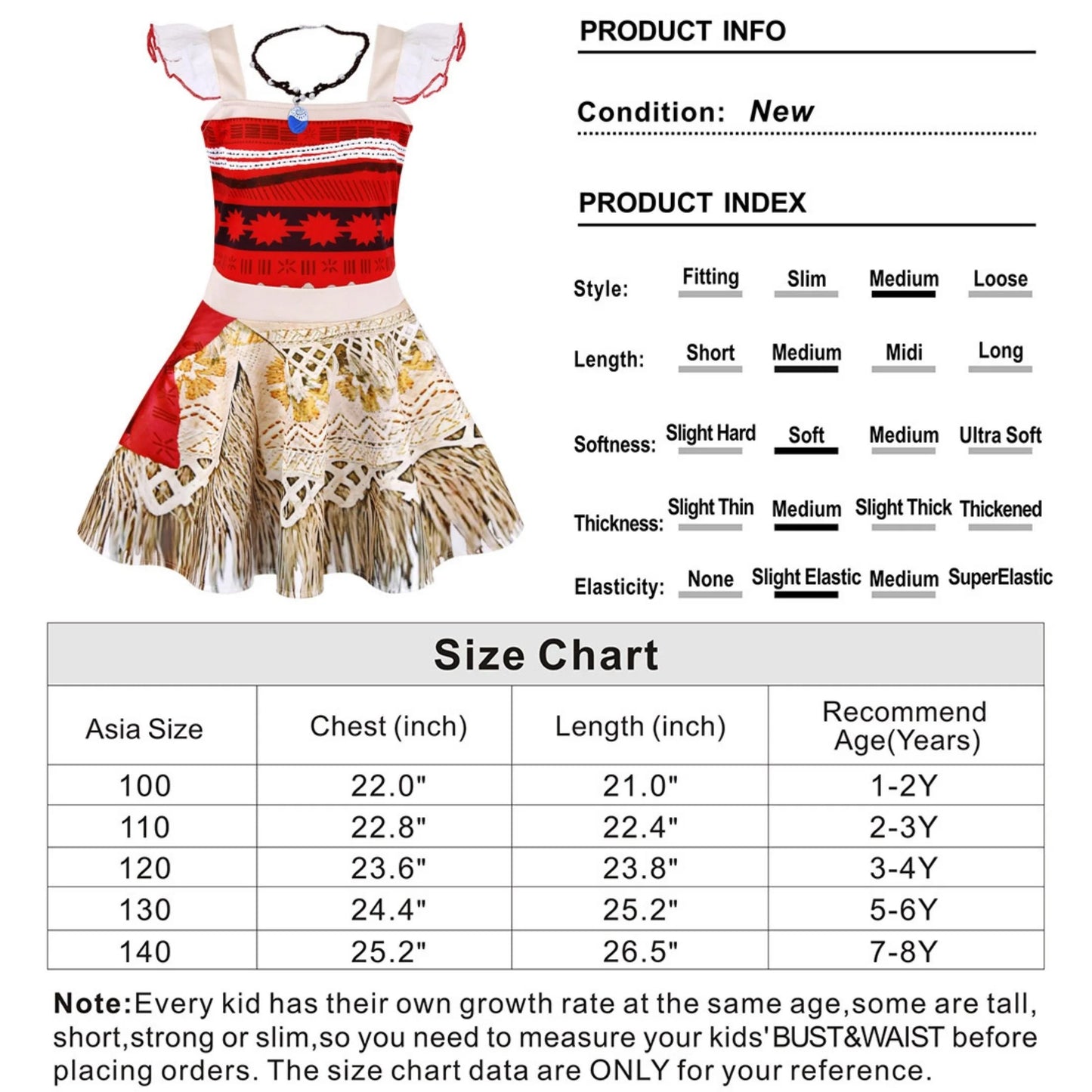 Moana Princess Dress for Little Girls Ocean Adventure Costume Cosplay with Accessories 9-10 Years