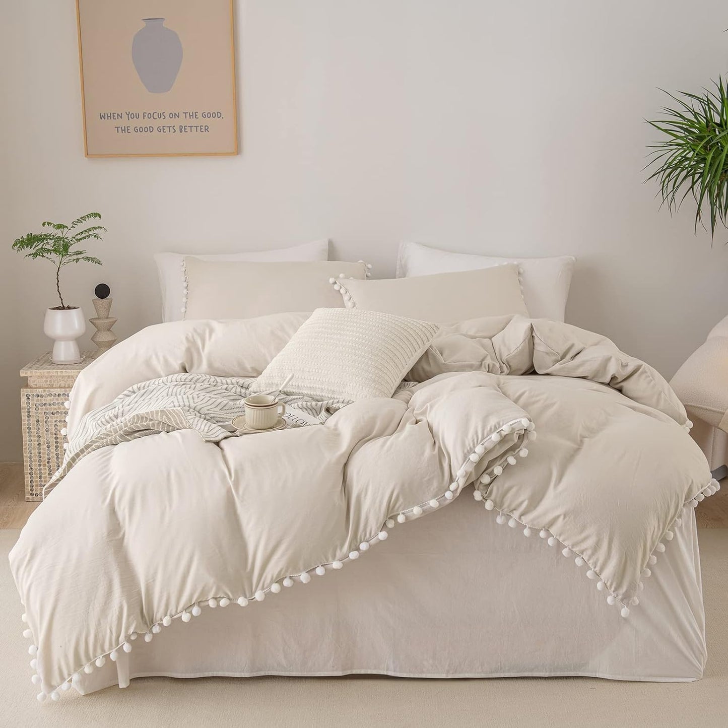 Beige Boho Comforter Set Pom Pom Comforter Queen Aesthetic Room Decor Cute Ball Fringe Farmhouse Bedding Set Queen Ultra Soft Microfiber Lightweight Comforter Set(Beige,Queen)
