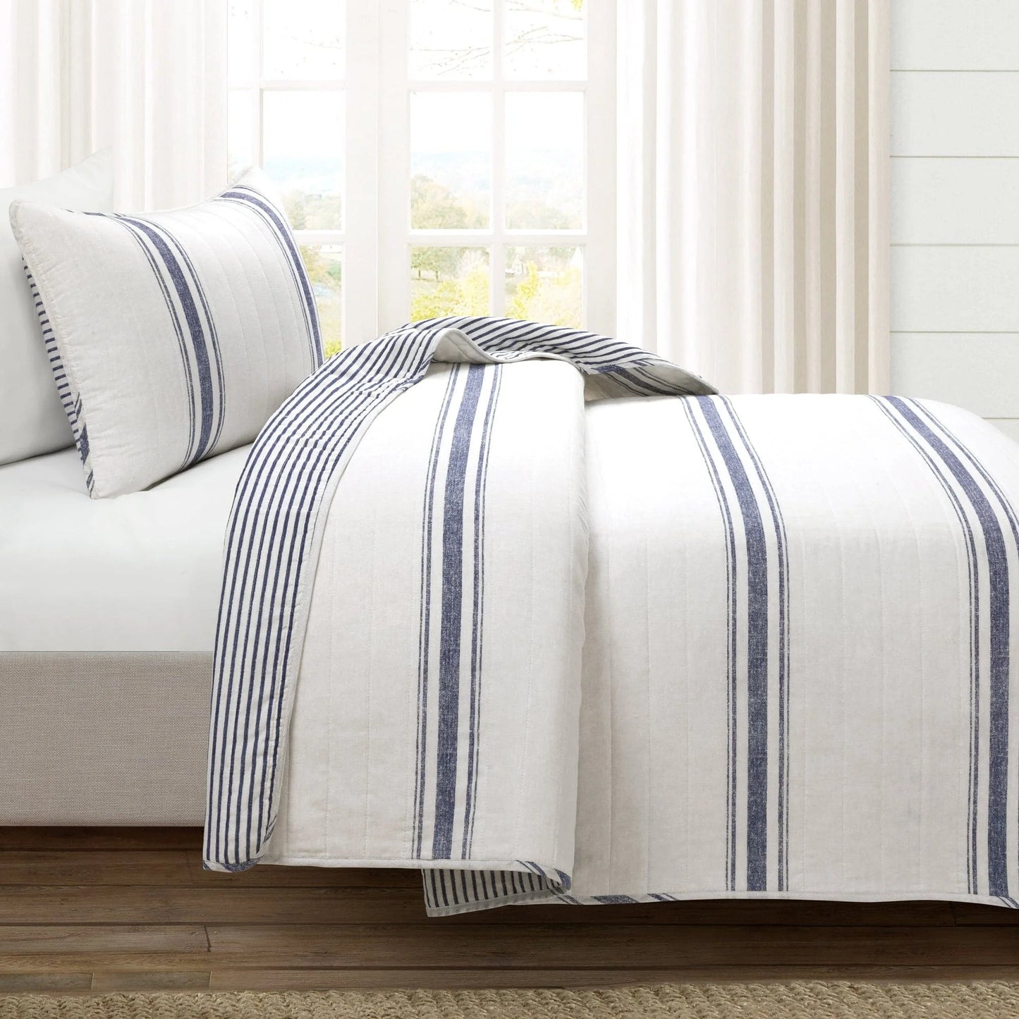 Farmhouse Stripe Reversible Cotton Quilt Black 2Pc Set Twin-Xl