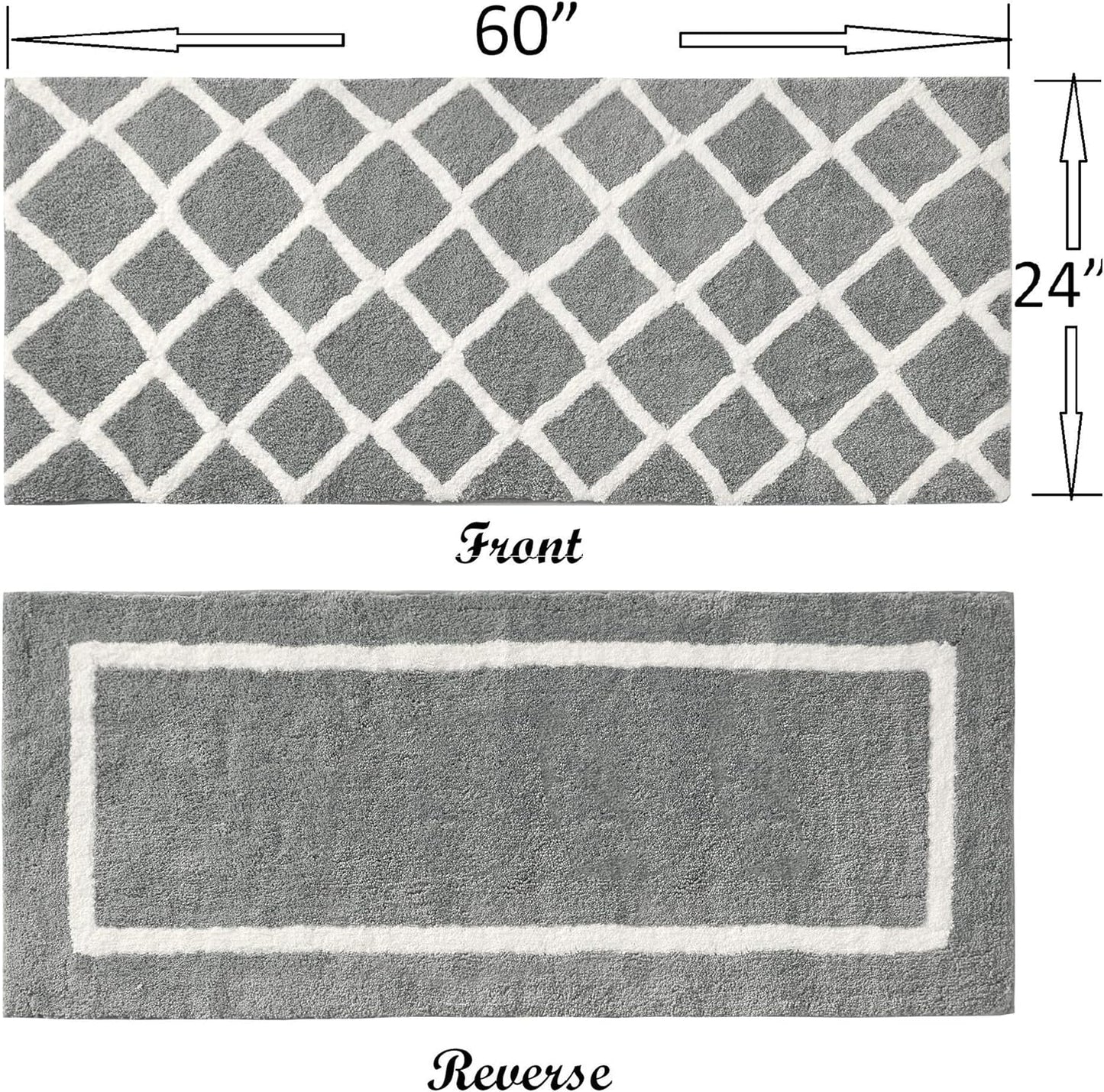 Bittman Reversible Bathroom Rug - High Pile Luxrurious Tufted Plush Bath Mat Absorbent, Quick Dry, Geometric Design Shower Room Décor, 24X60, Grey