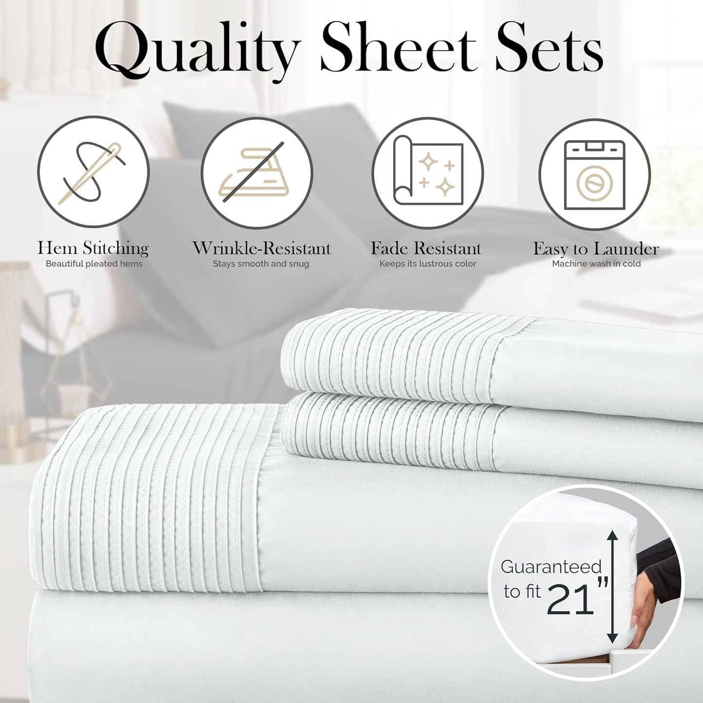 Southshore Fine Living Vilano Pleats, 4-Piece, 21-Inch Extra Deep Pocket Sheet, Queen Sheets with Flat Sheets and Pillowcase, Easy Care and Shrinkage-Free Deep Pocket Sheets, Sheet Set, Bright White