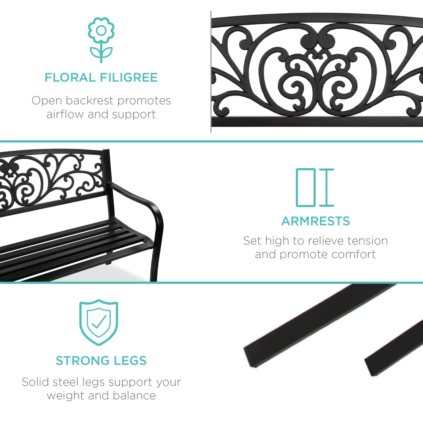 Outdoor Steel Bench Garden Patio Porch Furniture W/ Floral Design Backrest - Black