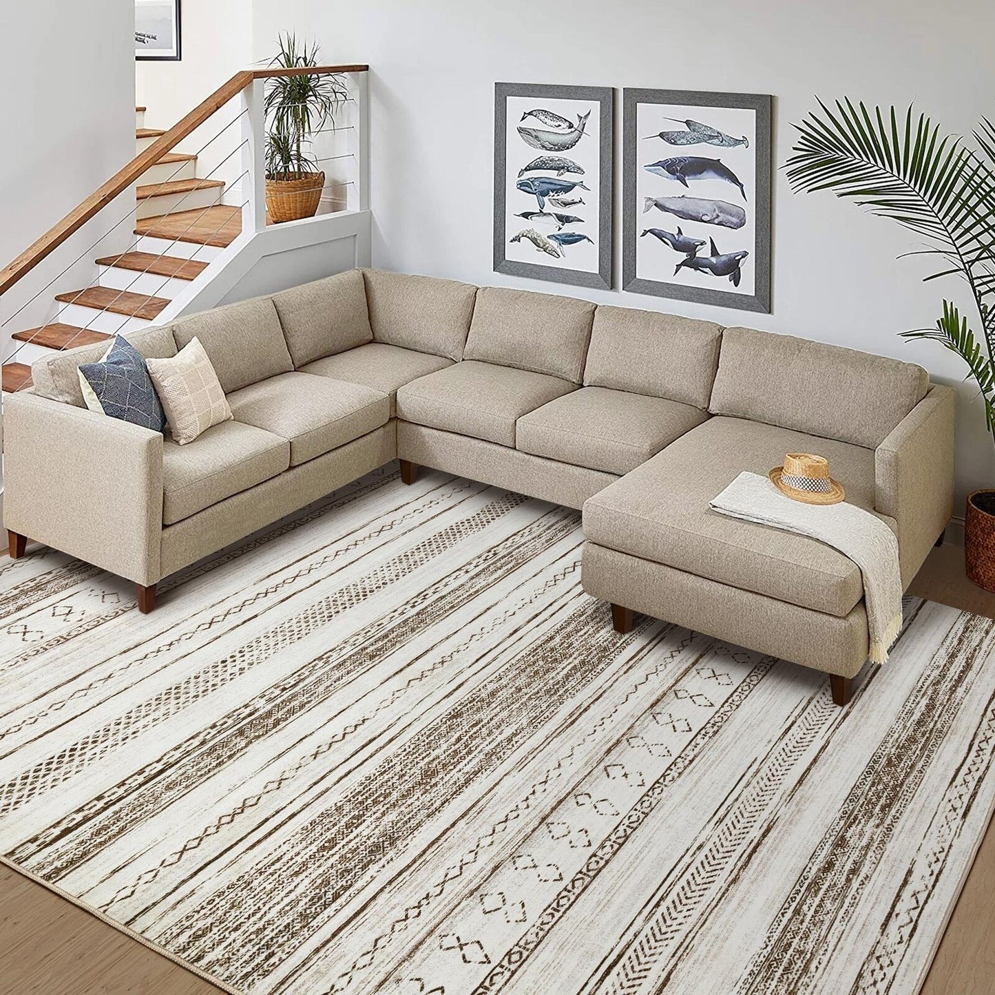 Area Rug Living Room Rugs - 9X12 Washable Large Soft Neutral Boho Moroccan Bo...