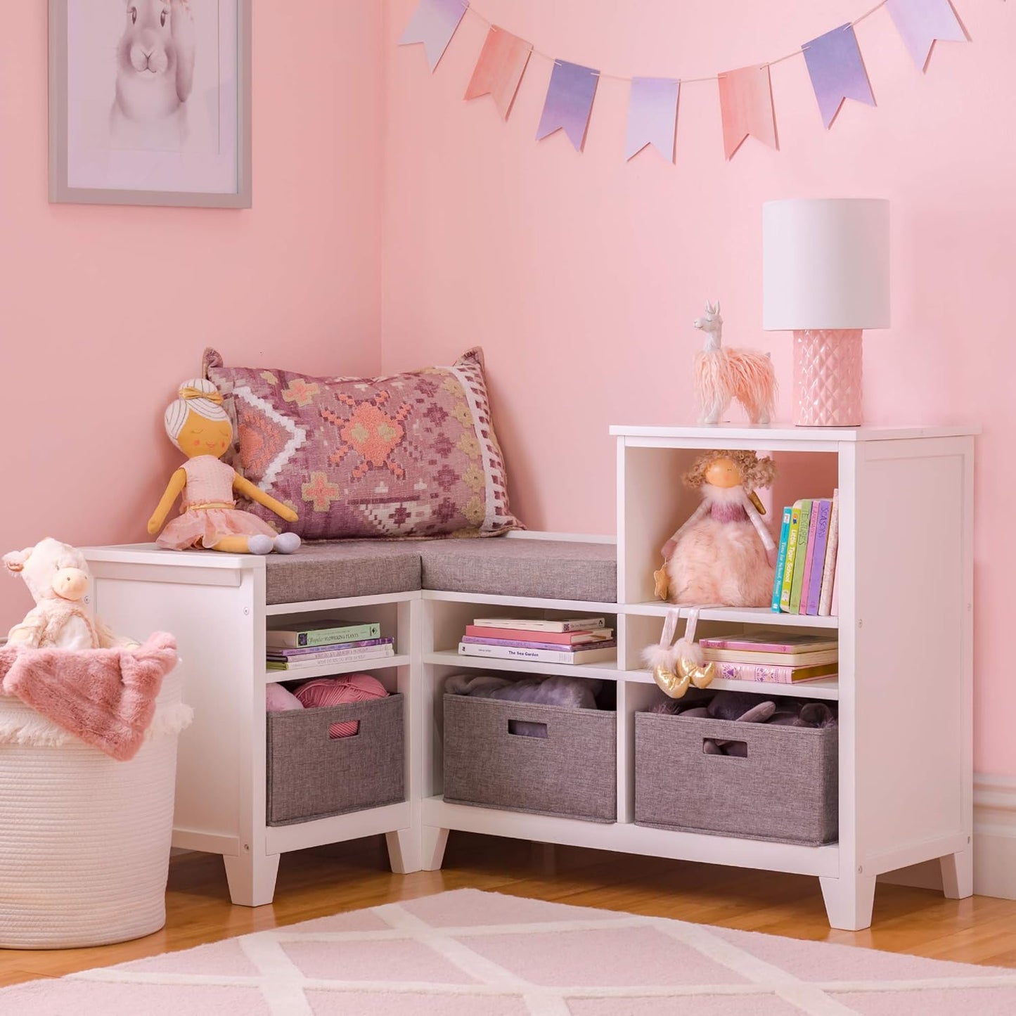 Kids' Corner Nook - Creamy White: Wooden Storage Bench Bookcase Organizer with Seat Cushion and Fabric Bins for Reading in Bedroom or Playroom