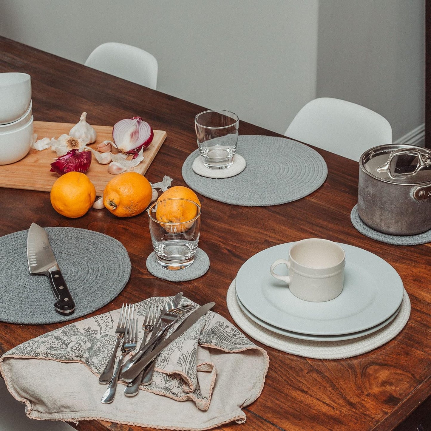 Set of 6 Gray Woven Coasters for Wooden Table, 4.3" Cup Coasters for Drinks, Absorbent Coasters, Cute Fabric Coasters, Farmhouse Coasters for Coffee Table, Moisture Absorbing Coasters