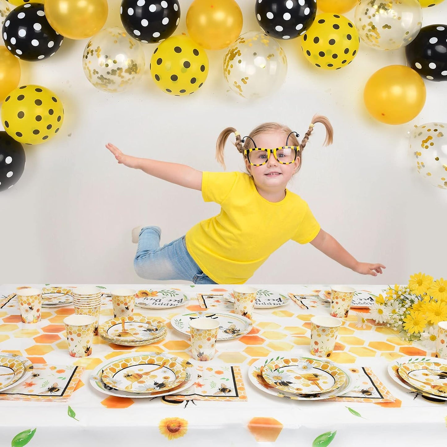 Bee Party Tableware Set - Bee Party Supplies Set for Kids Girls Honey Bee Birthday Bundle Baby Shower Happy Bee Day Paper Plates Cups Napkins Dinnerware Serves 16 Guests 64 PCS