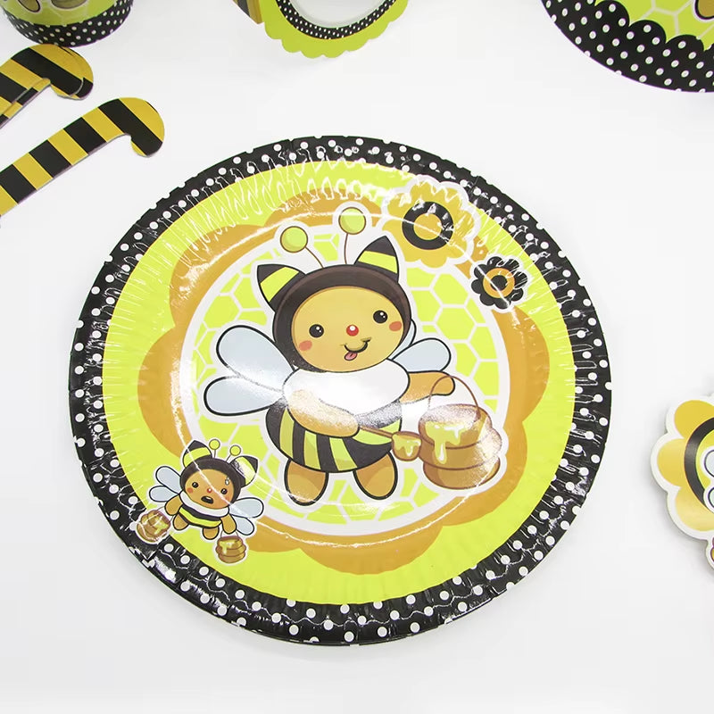 6Pcs Cartoon Bumble Bee Party Disposable Tableware Cups Plates Hats Straw Birthday Party Decorations Kids for 6 Person