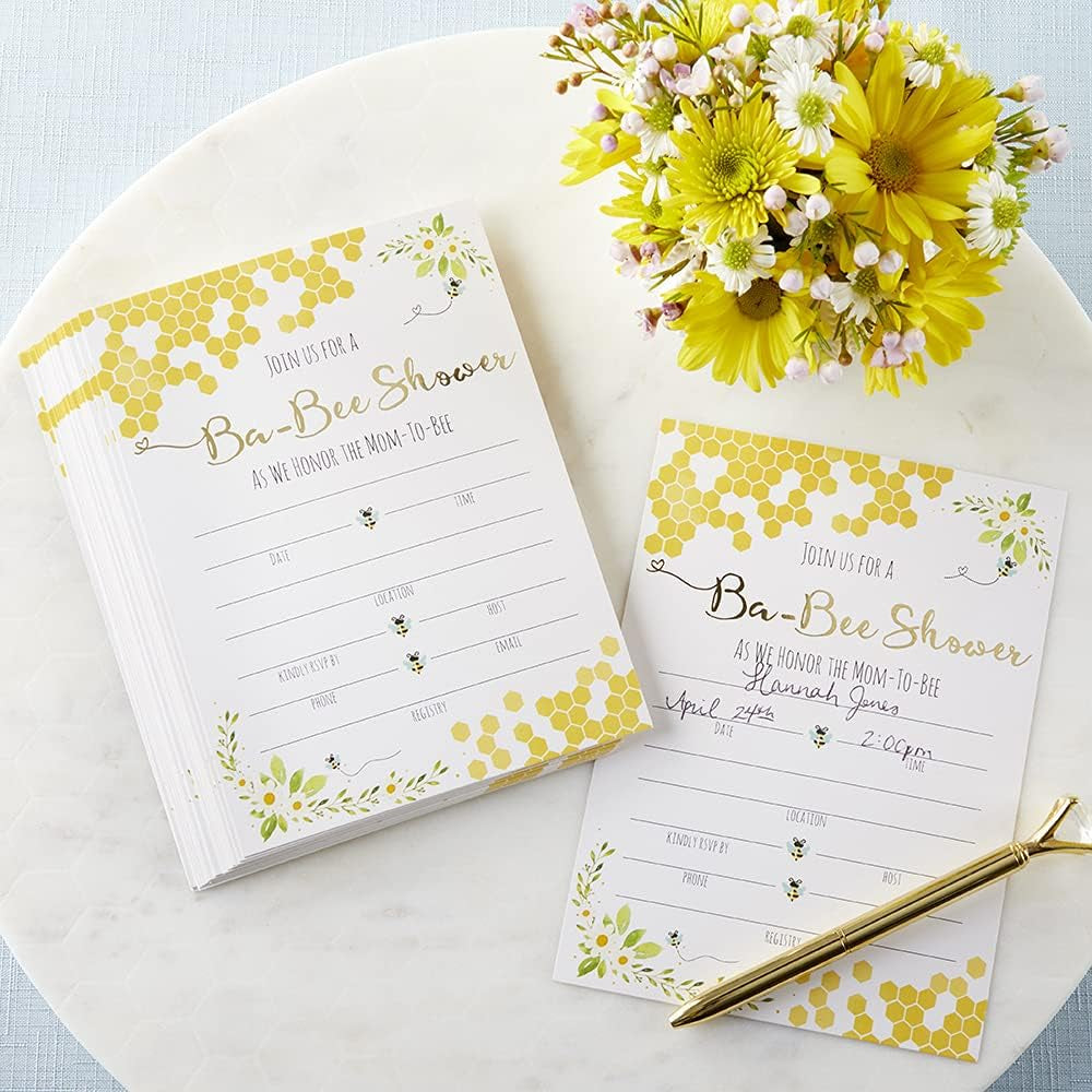 Sweet as Can Bee Baby Shower Invitation & Thank You Card Bundle (Set of 25), Invitations, Envelopes, Thank You Post Cards, Diaper Raffle Cards, Books for Baby Cards