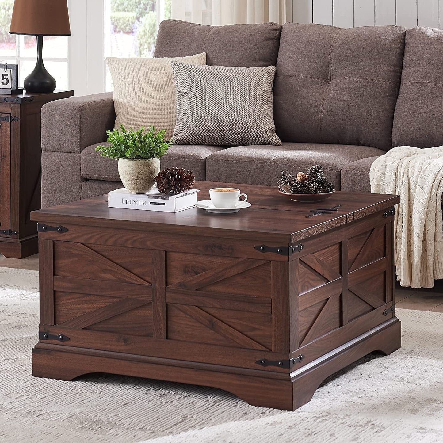 Farmhouse Coffee Table with Storage and Lift Top, Square Wood Center for Living Room, Brown