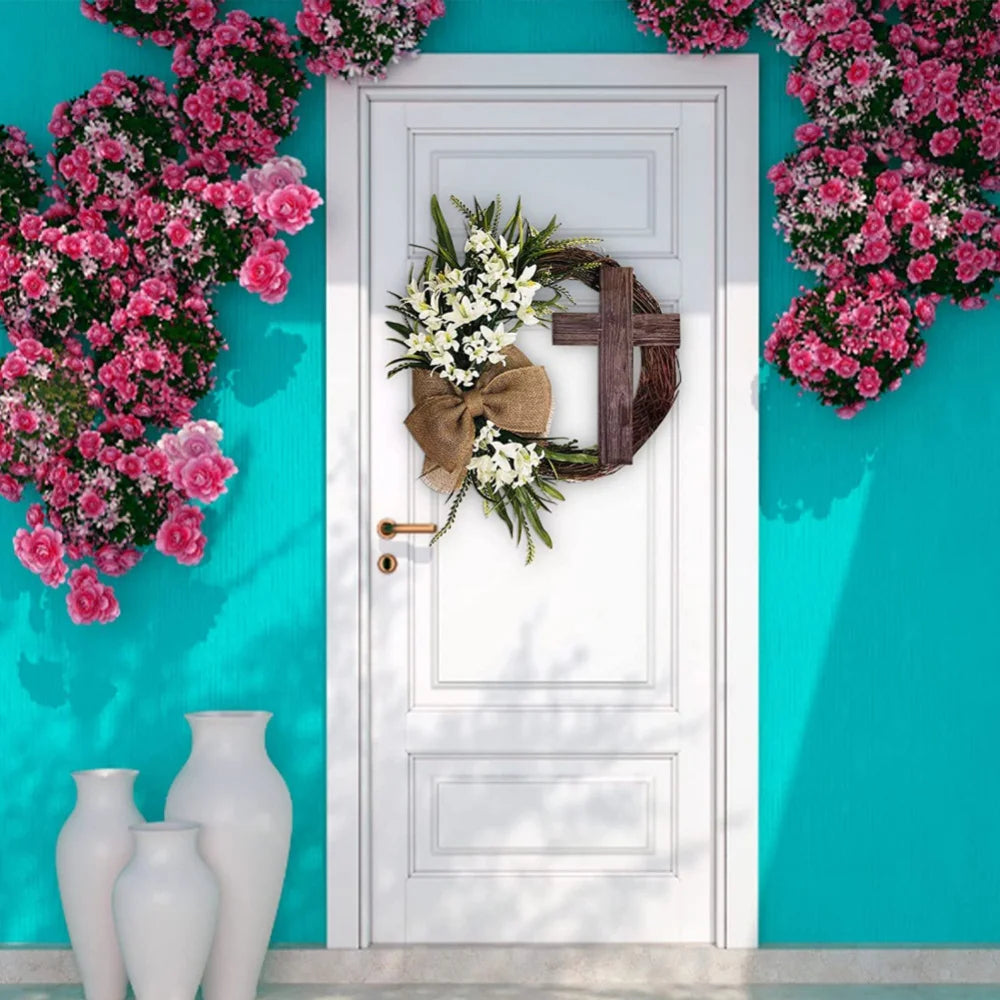 Easter Wreath with Cross Burlap Bow Rustic Grapevine Wreath Spring Decorating Farmhouse Decor Wall Home Decor Gift DIY Easter Front Door Wreath Decoration