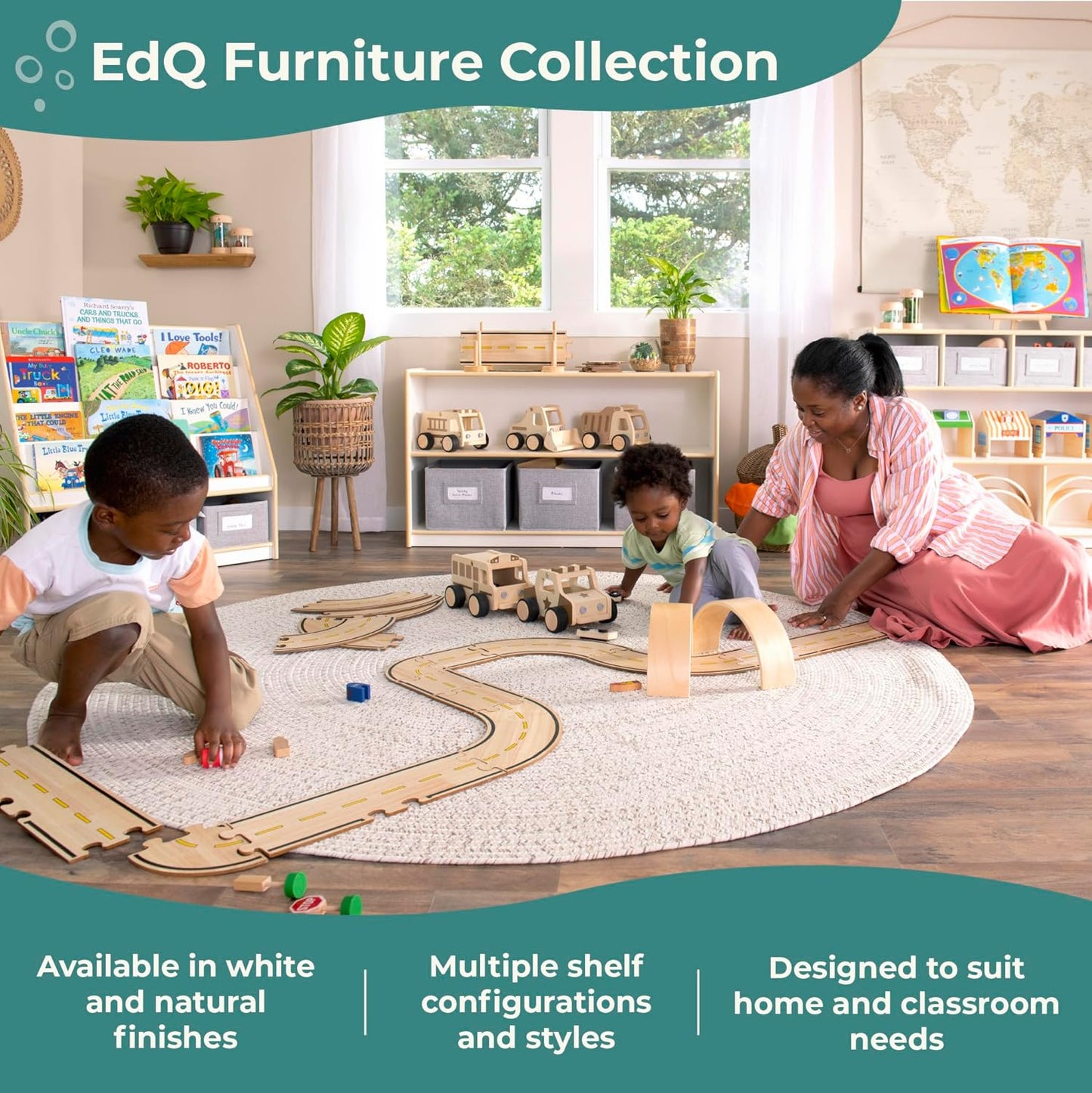 Edq Three Shelf Open Storage White with 3 Fabric Bins: Wood Bookshelf and Toy Organizer for Kids and Teachers; School Supply Furniture for Classrooms and Home