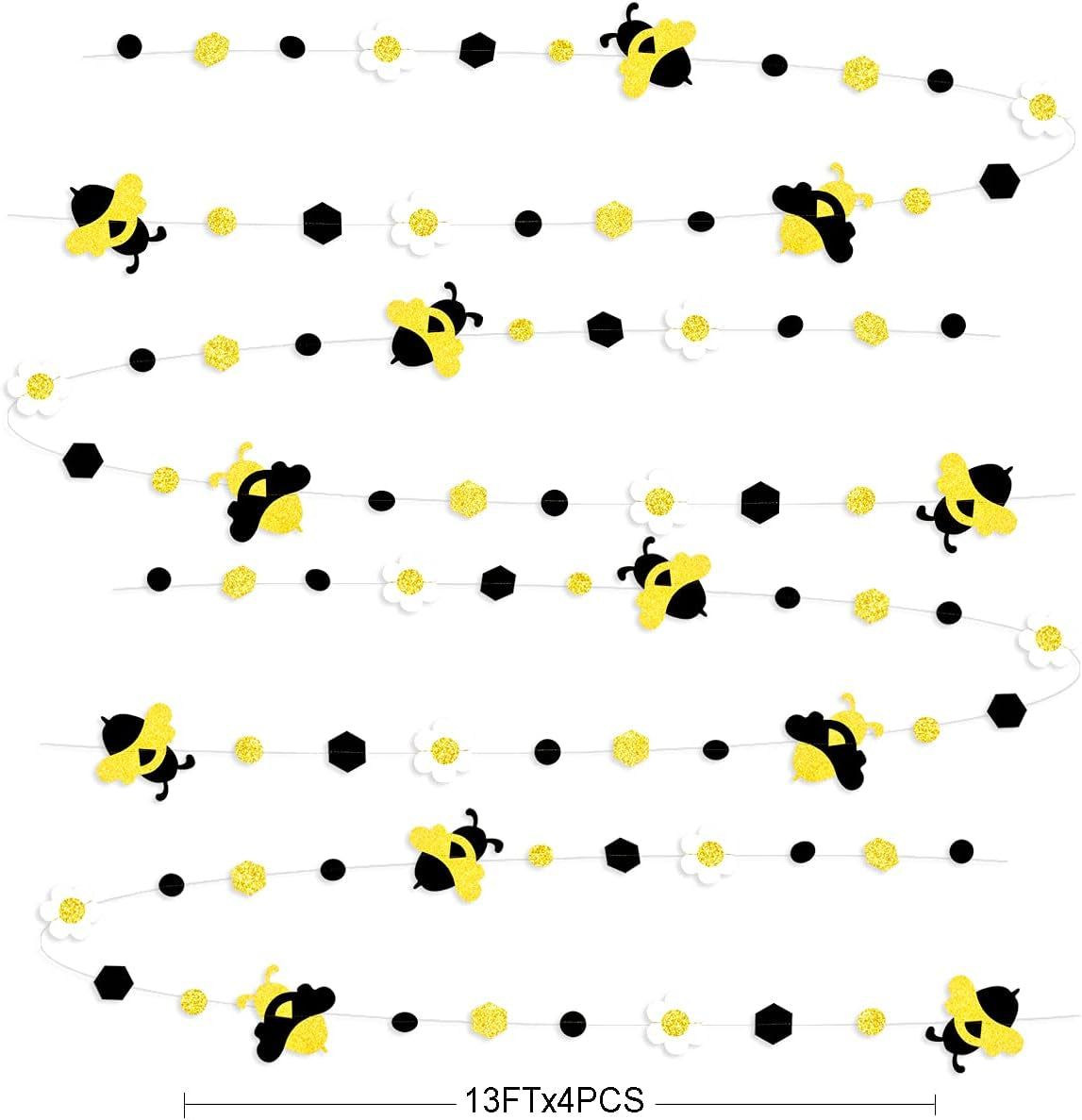 52Ft Black Gold White Bee Flower Circle Dot Banner Garland Glitter Honeycomb Bumble Gender Reveal Decorations for Kids Birthday Baby Shower What Will It Bee Happy Bee Day Mom to Bee Party Supplies