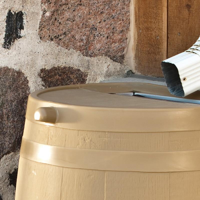 Polyethylene 50 Gallon Flat Back Brass Spigot Rain Barrel, Oak Color