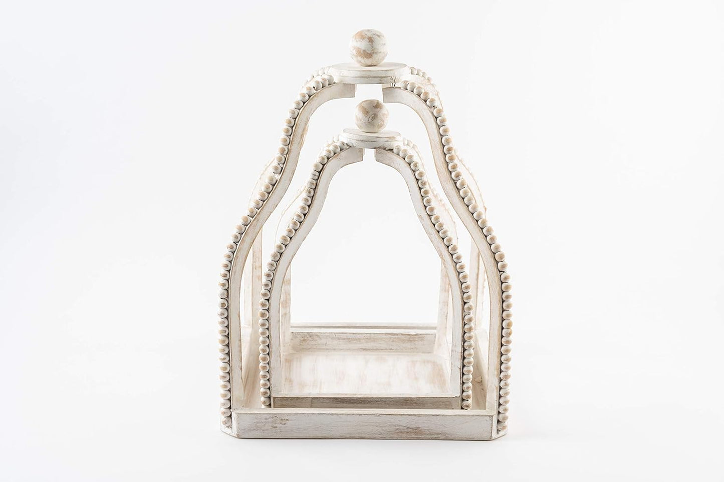 Wood Beaded Lantern Set, Distressed White WASH