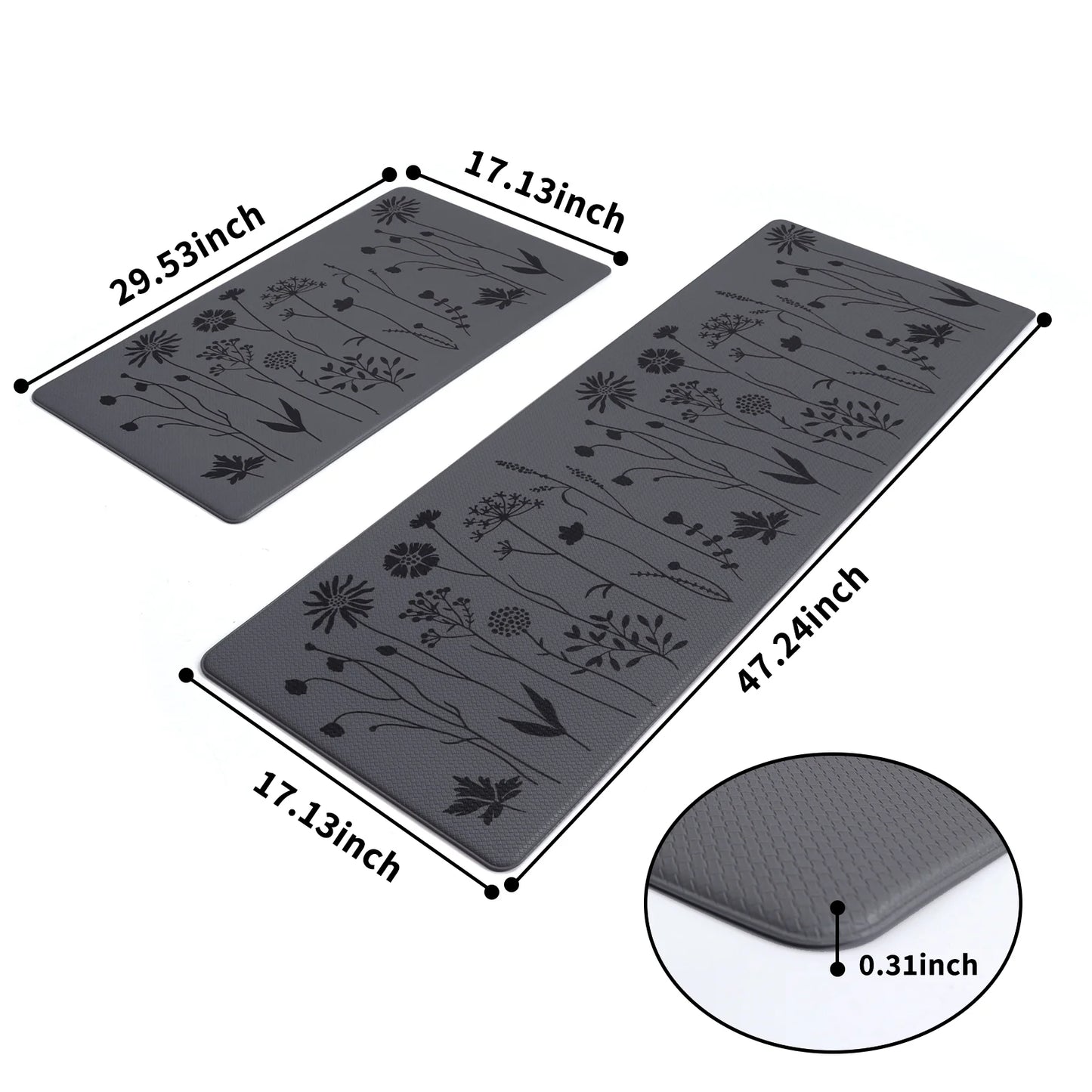 Kitchen Mats Set of 2, Non Slip Anti-Fatigue Rugs for Kitchen, Office, 17"X47" and 17"X29", Dark Gray