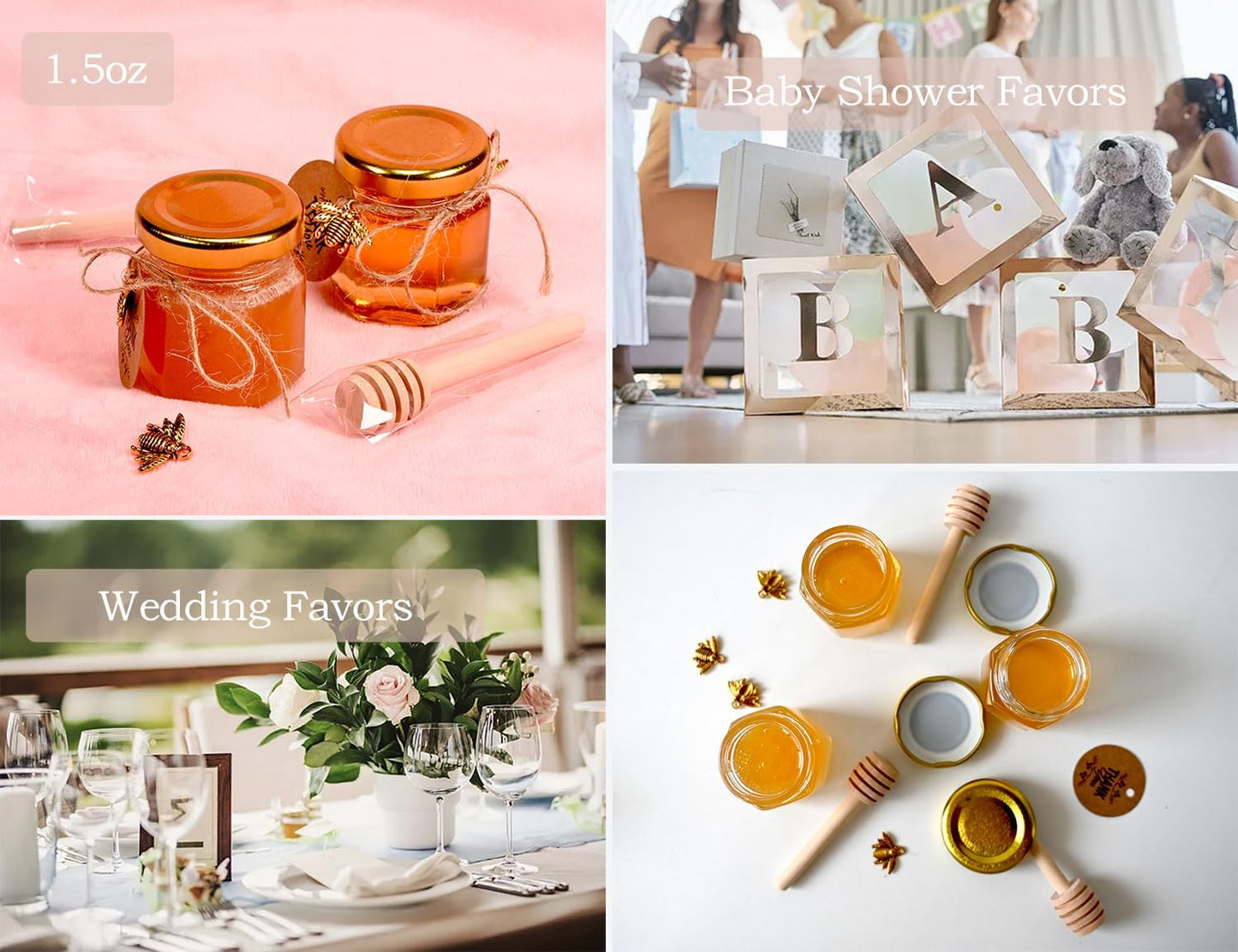 20 Pack Mini Honey Jars with Dipper - Mini Honey Jars for Baby Showers & Wedding Gifts - Gold Lids, Bee Pendants, Jutes and Gift Bags