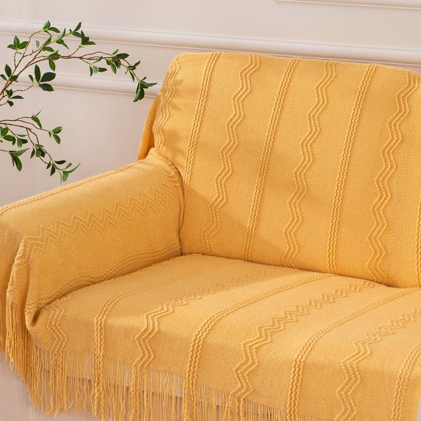 Mustard Throw Blanket with Fringe Geometric Bed Yellow Throws Summer Breathable Decorative Large Throw for Couch Sofa Indoor Outdoor (Yellow, 50"X60")