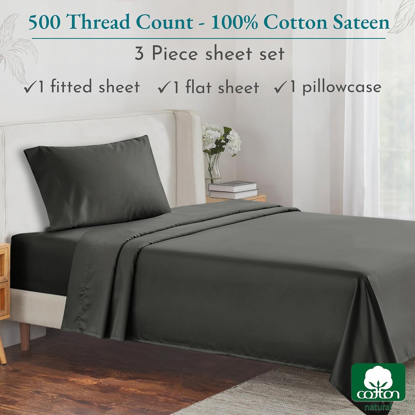 - Finest Twin Size Bed Sheets Set, Soft 100% Cotton Cooling Sheets Deep Pockets, 500 Thread Count Bedsheet Set Twin Sheets Set, Twin Bed Sheets (Grey)