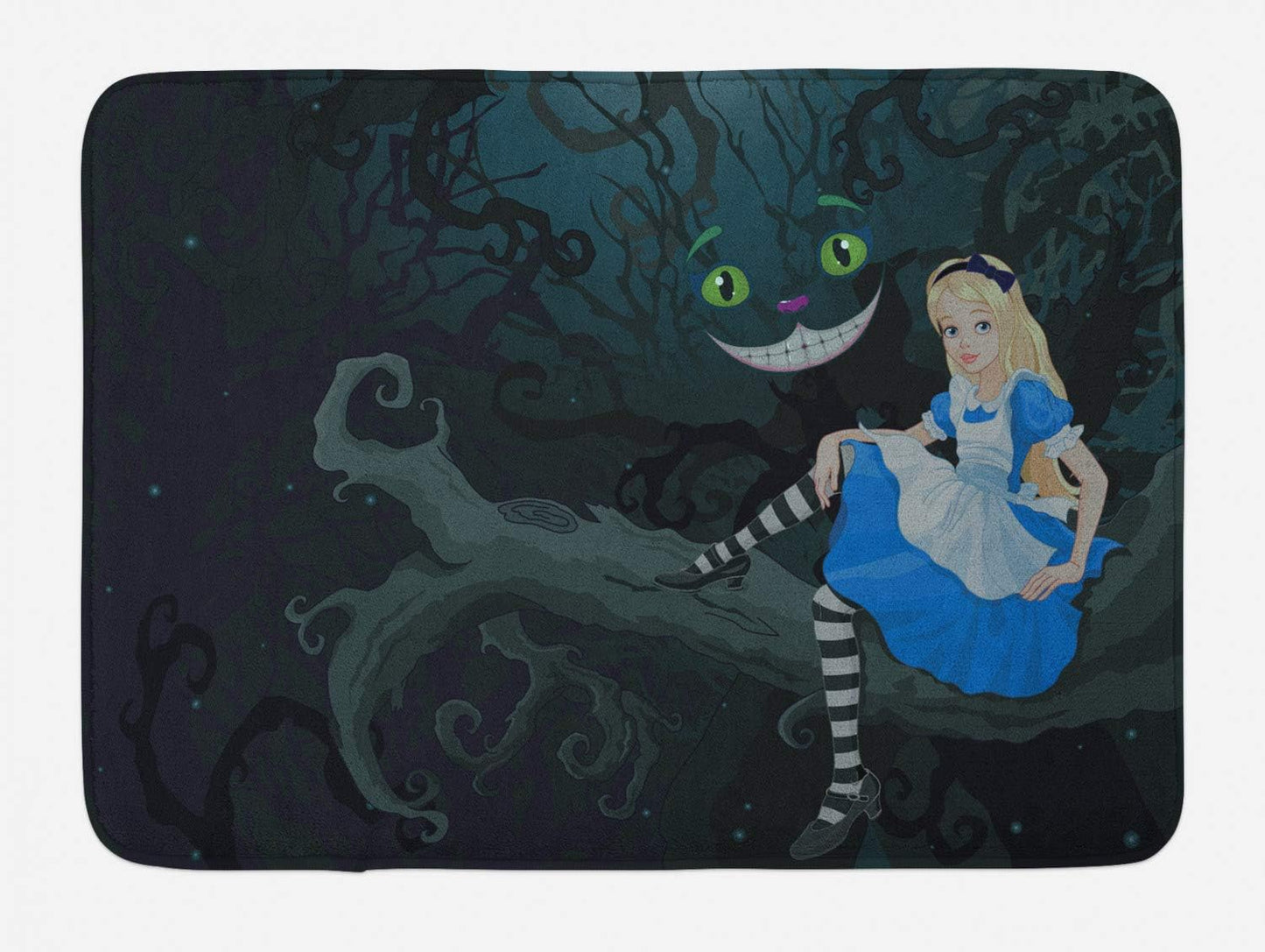Alice in Wonderland Bath Mat, Alice Sitting on Branch and Chescire Cat in Darkness Cartoon Style, Plush Bathroom Decor Mat with Non Slip Backing, 30.2" X 20", Dark Petrol Blue