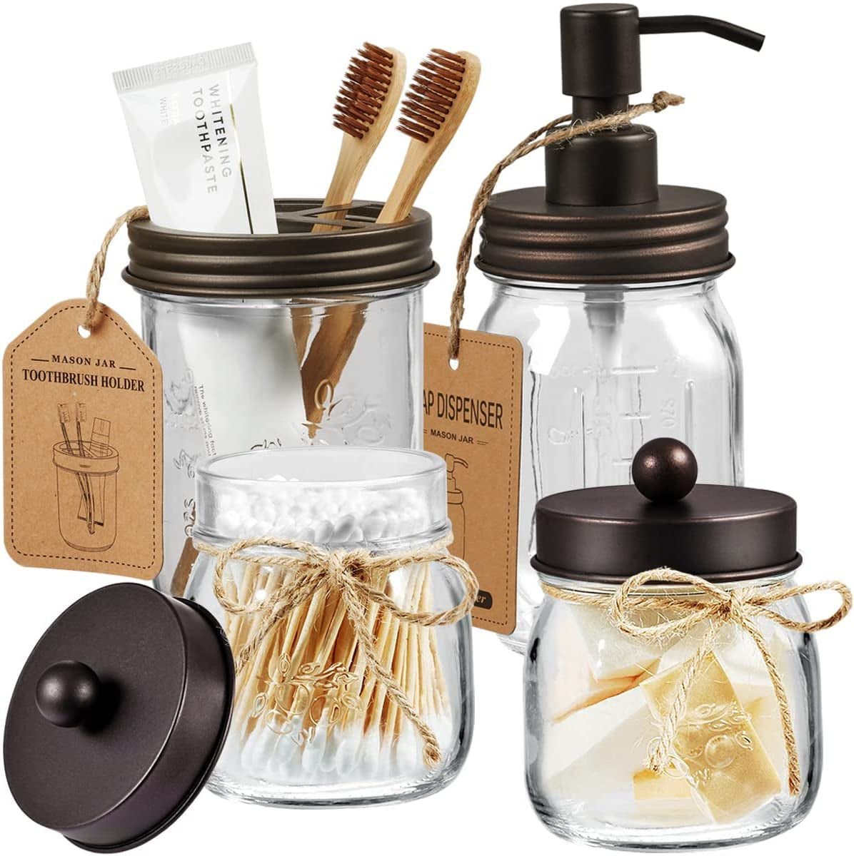 Mason Jar Bathroom Accessories Set(4 Pcs) -Lotion Soap Dispenser & 2 Cotton Swab Holder &Toothbrush Holder-Rustic Farmhouse Decor,Countertop Vanity Organize,Bathroom Home Decor (Bronze)