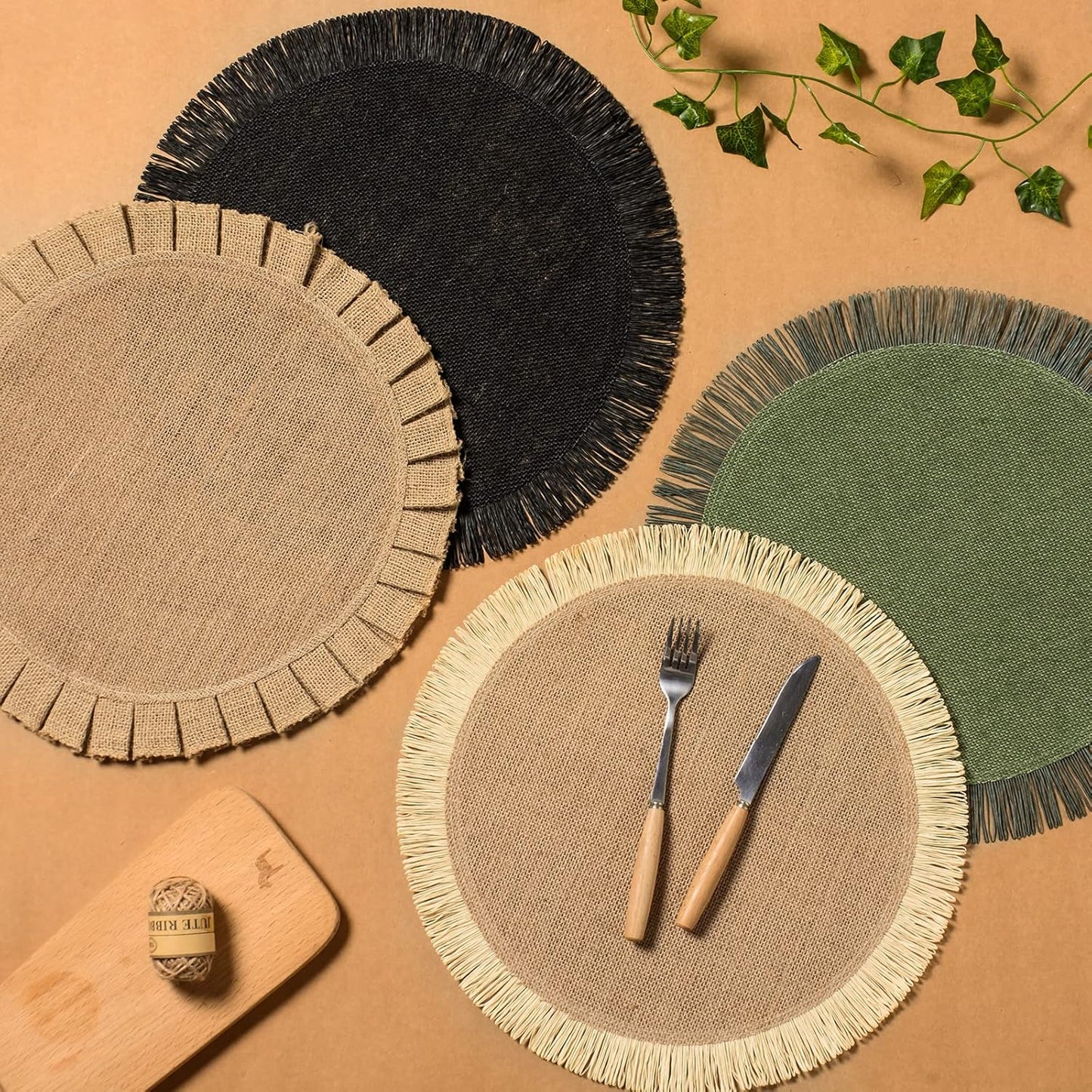 Burlap round Braided Placemats Set of 6 for Dining Tables 15 Inch Heat Resistant Jute Table Mats Farmhouse Woven Fabric Natural Place Mats for Fall Decoration(Ruffled Lace)