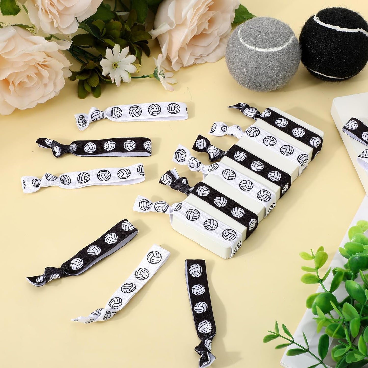 30 PCS Volleyball Hair Ties Elastic Volleyball Ribbon Ponytail Holders Hair Accessories Volleyball Bracelets for Girls Women Player Party Volleyball Gifts for Team(White+Black)