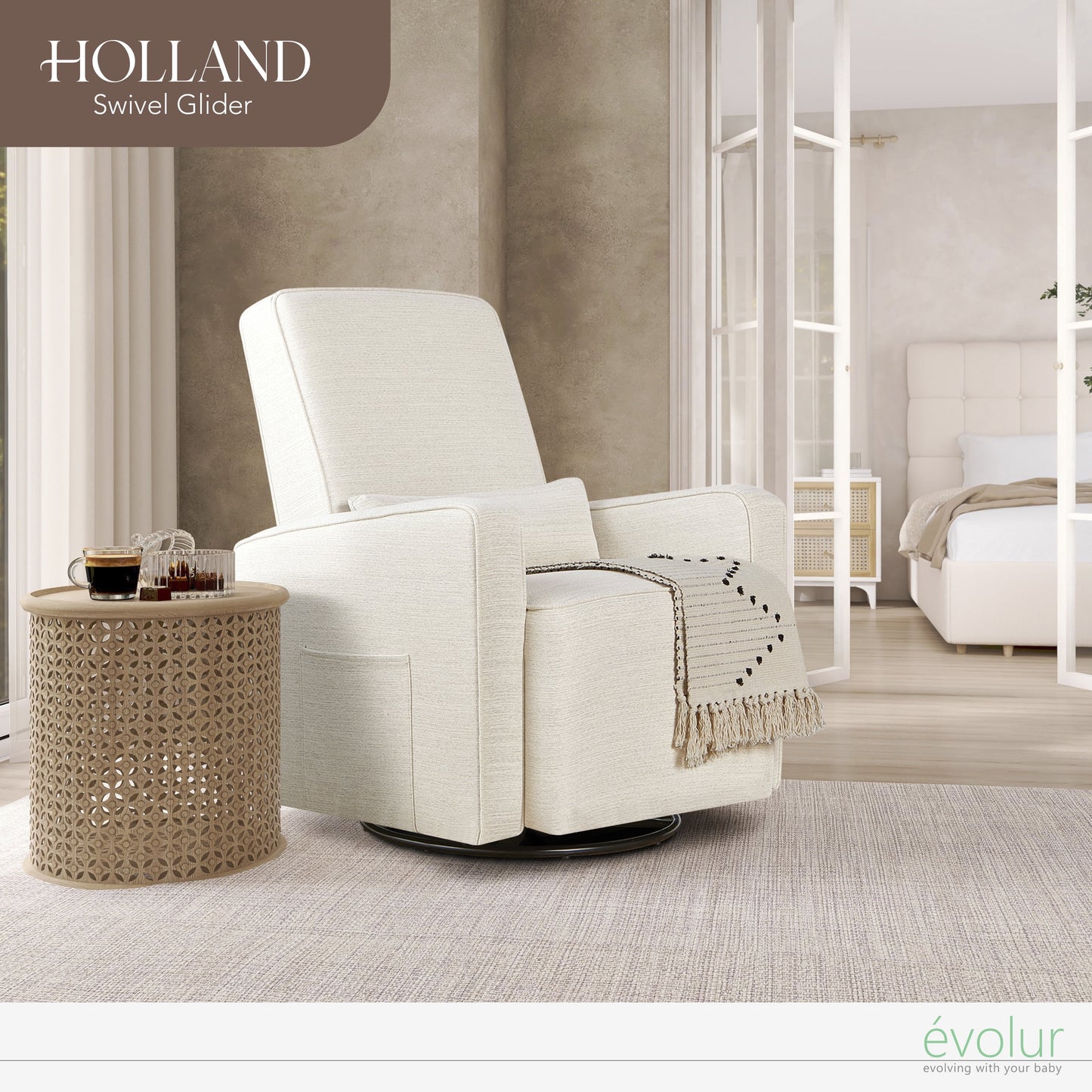 Holland Upholstered Swivel Glider | Rocker I Included Lumbar Pillow I Modern Design, Thunder