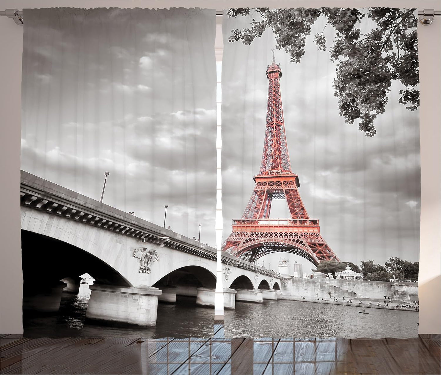 Paris Curtains, Eiffel Tower Bridge Capital City Cloudscape Monochrome Style Picture Print, Living Room Bedroom Window Drapes 2 Panel Set, 108" X 84", Dimgray Salmon