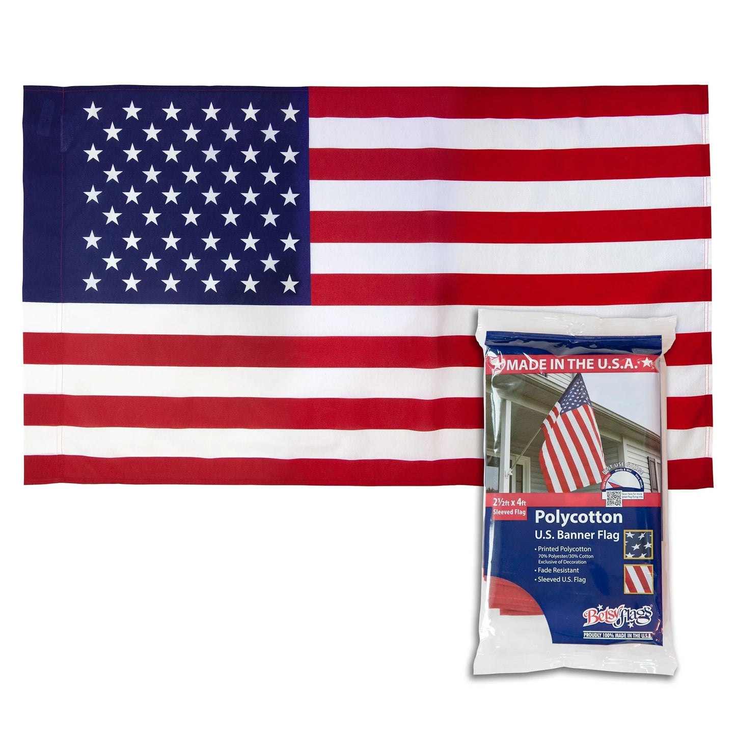 Printed Polycotton American Flag, Sleeved Banner , 2.5' X 4'
