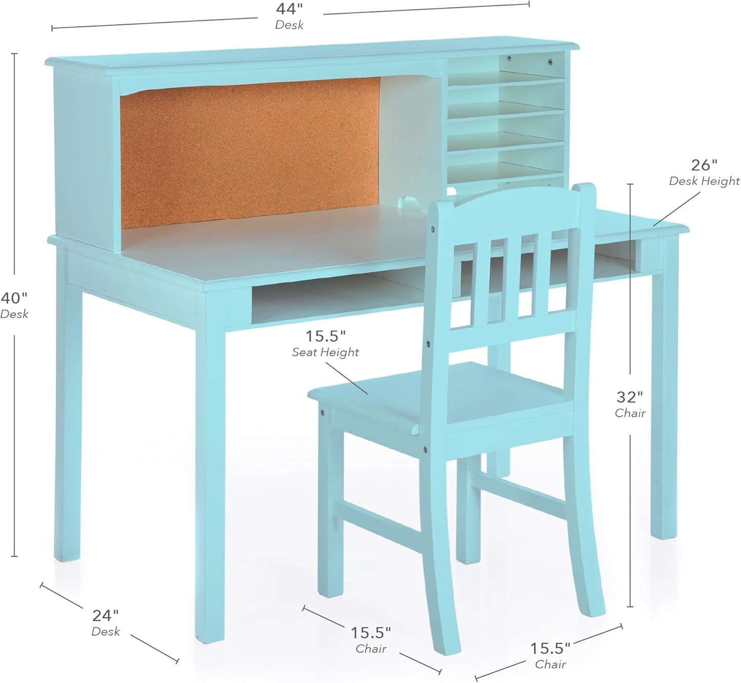Kids Media Desk, Hutch and Chair Set - Teal: Kids Table and Chairs Set, Student'S Study Desk with Storage, Computer Workstation | Wooden Kids Bedroom Furniture Set