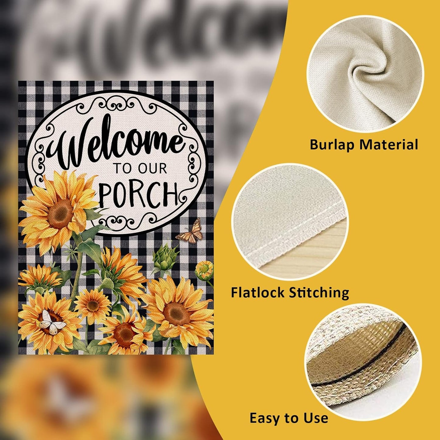 Home Decorative Welcome to Our Porch Spring Summer Sunflower Garden Flag, Black White Buffalo Plaid Check Yard outside Decoration, Fall Autumn Farmhouse Outdoor Small Decor 12 X 18