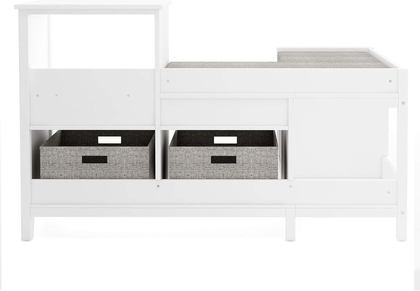 Kids' Corner Nook - Creamy White: Wooden Storage Bench Bookcase Organizer with Seat Cushion and Fabric Bins for Reading in Bedroom or Playroom