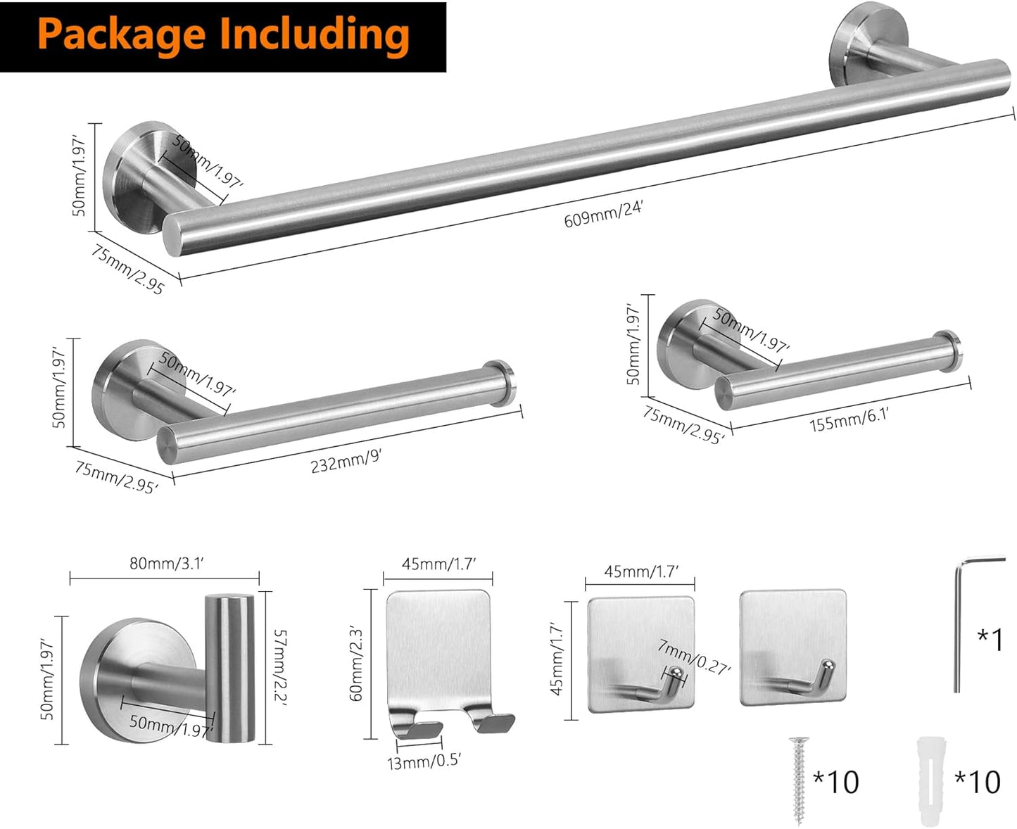7 Pieces Bathroom Hardware Set SUS304 Thicken Stainless Steel-Towel Rack Kit Include 24" Towel Rod+ 9" Hand Towel Bar+ Toilet Paper Holder+4Robe Towel Hooks Bath Accessories (Nickel)